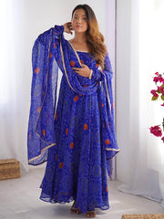 Fabulous Royal Blue Bandhej Printed Georgette Festive Wear Anarkali Suit