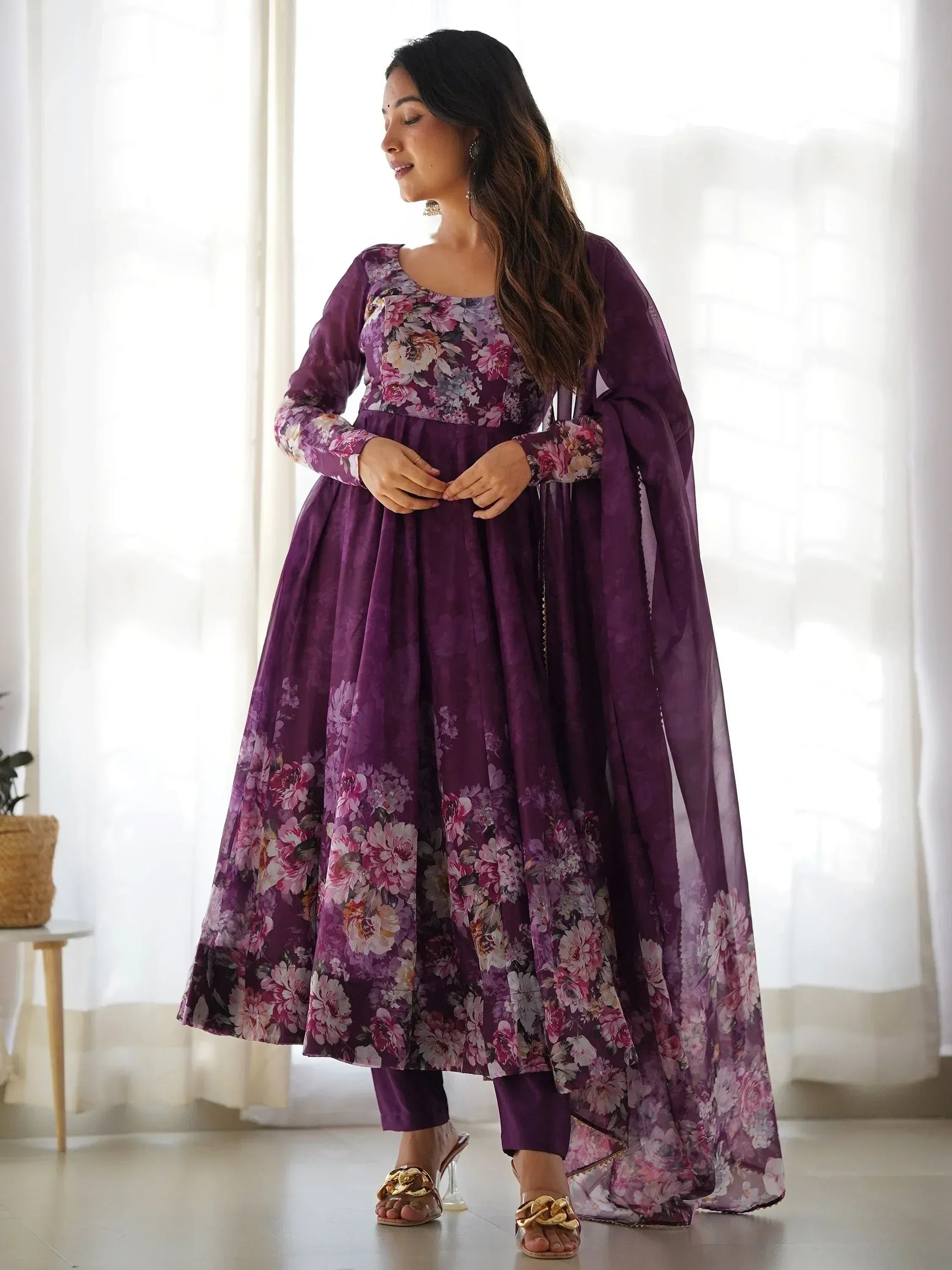 Purple floral print anarkali suit with matching dupatta, Indian ethnic wear for women
