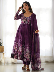 Adorable Purple Floral Printed Organza Festival Wear Anarkali Suit Pant