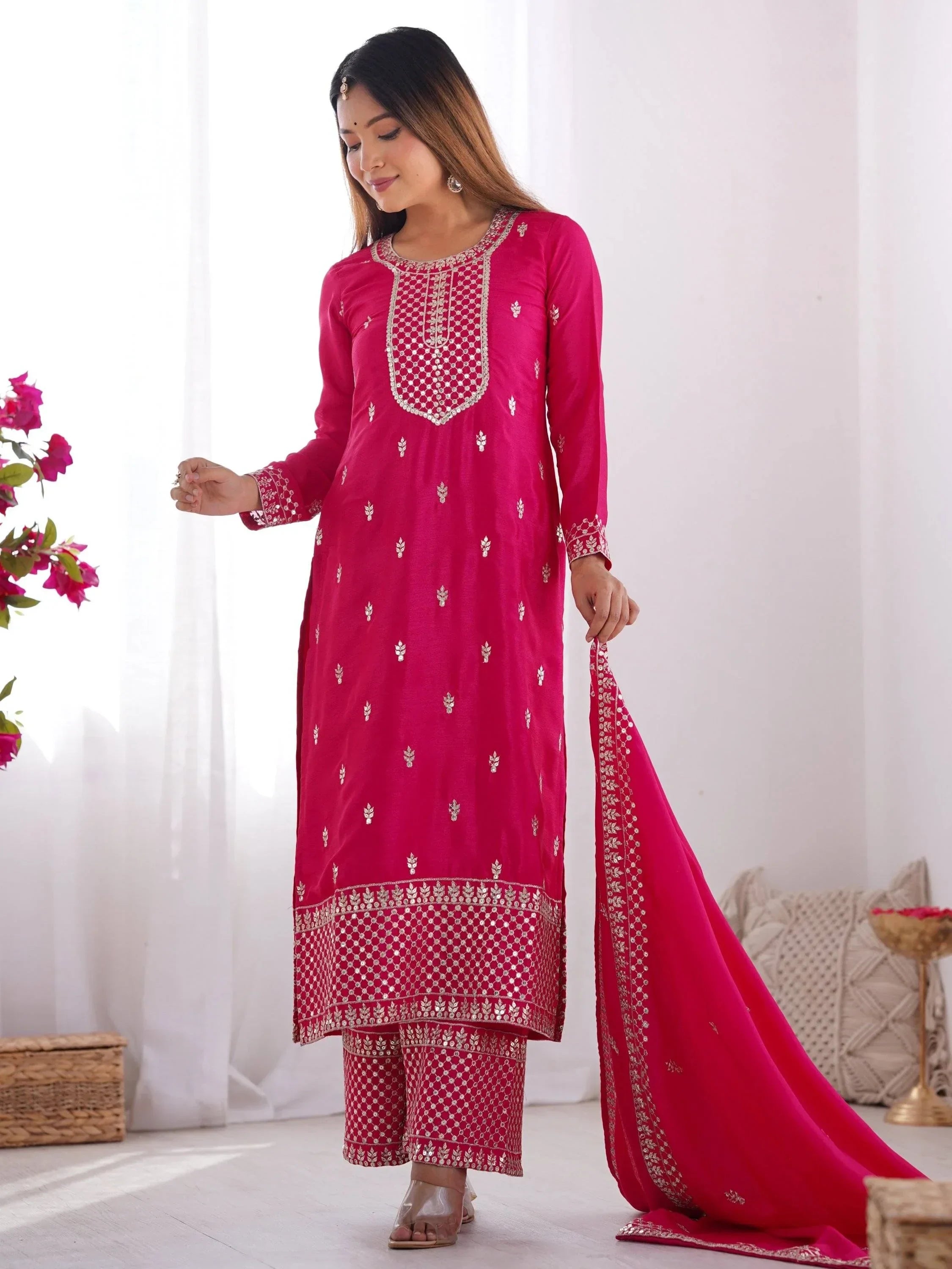 Gorgeous Pink Sequins Chinon Silk Party Wear Palazzo Suit