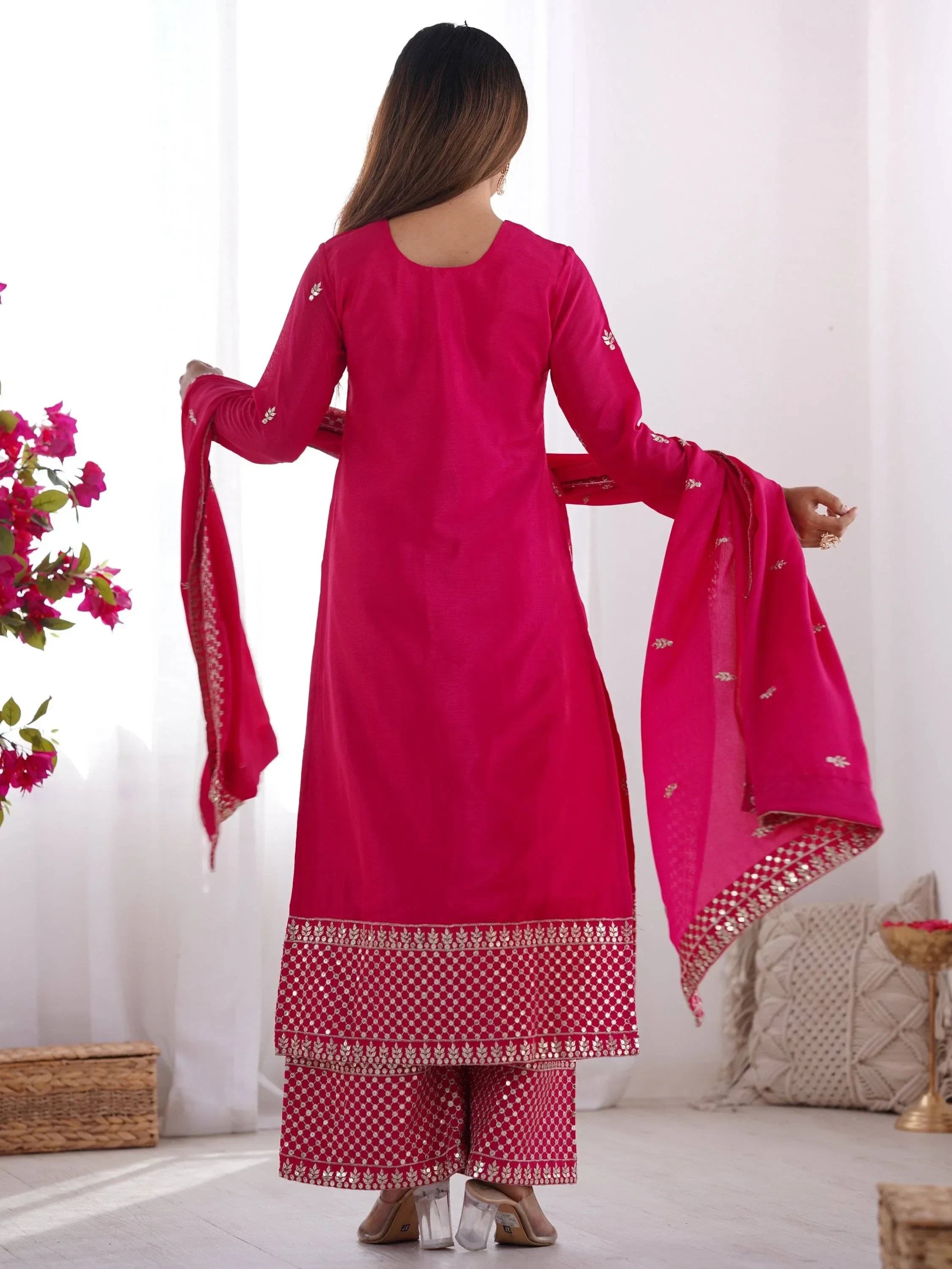 Gorgeous Pink Sequins Chinon Silk Party Wear Palazzo Suit