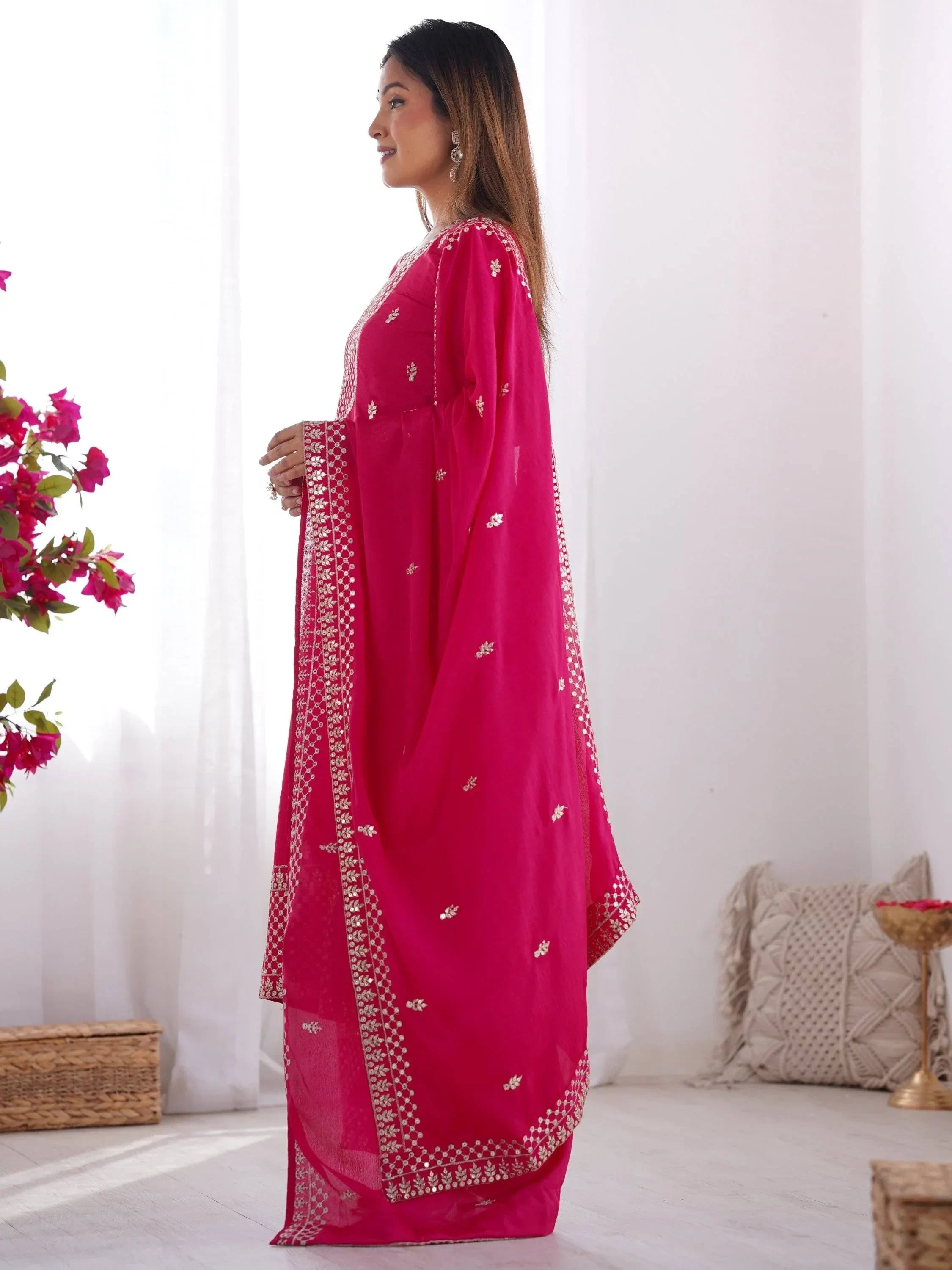 Gorgeous Pink Sequins Chinon Silk Party Wear Palazzo Suit