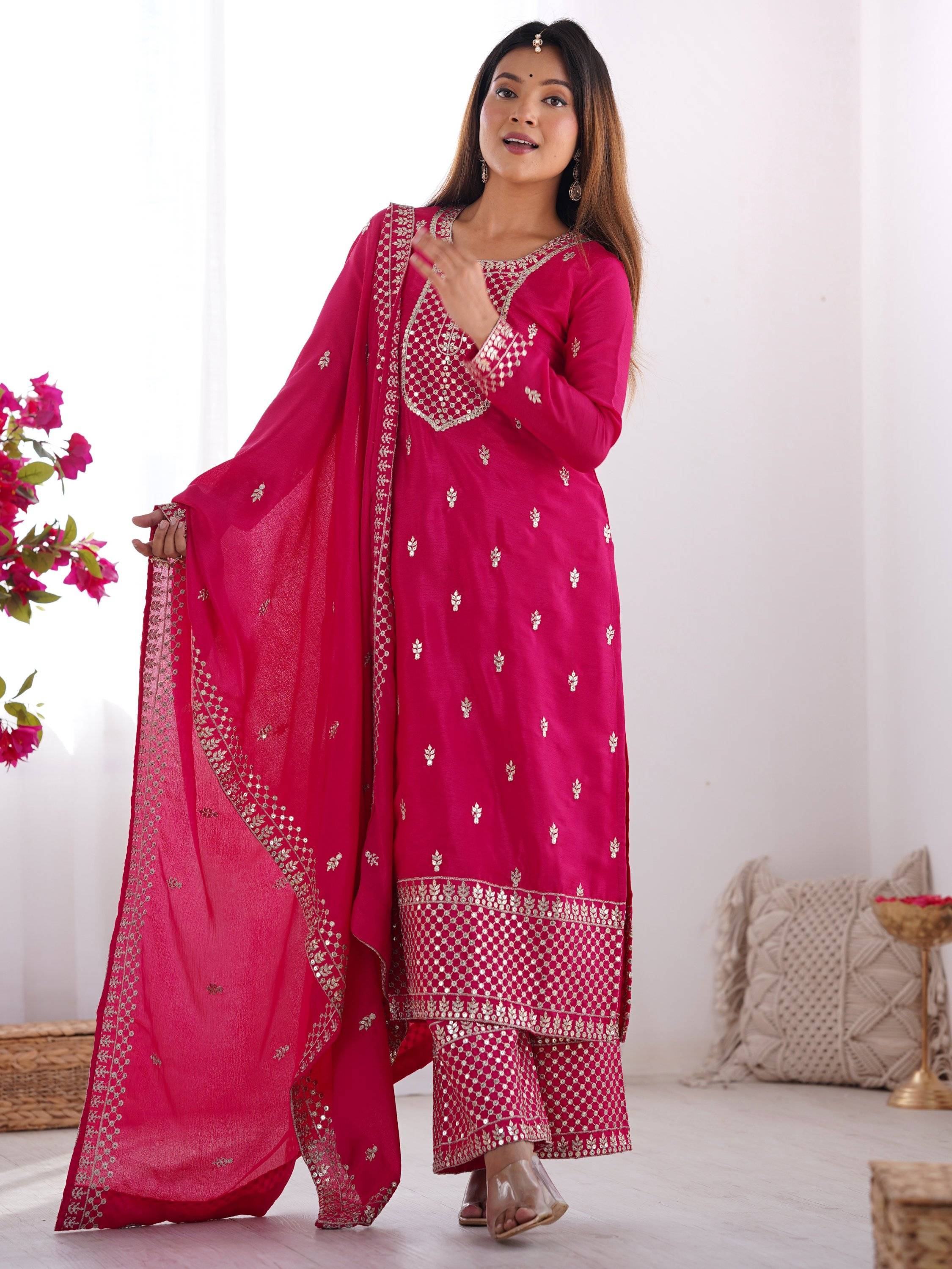 Gorgeous Pink Sequins Chinon Silk Party Wear Palazzo Suit