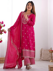 Gorgeous Pink Sequins Chinon Silk Party Wear Palazzo Suit