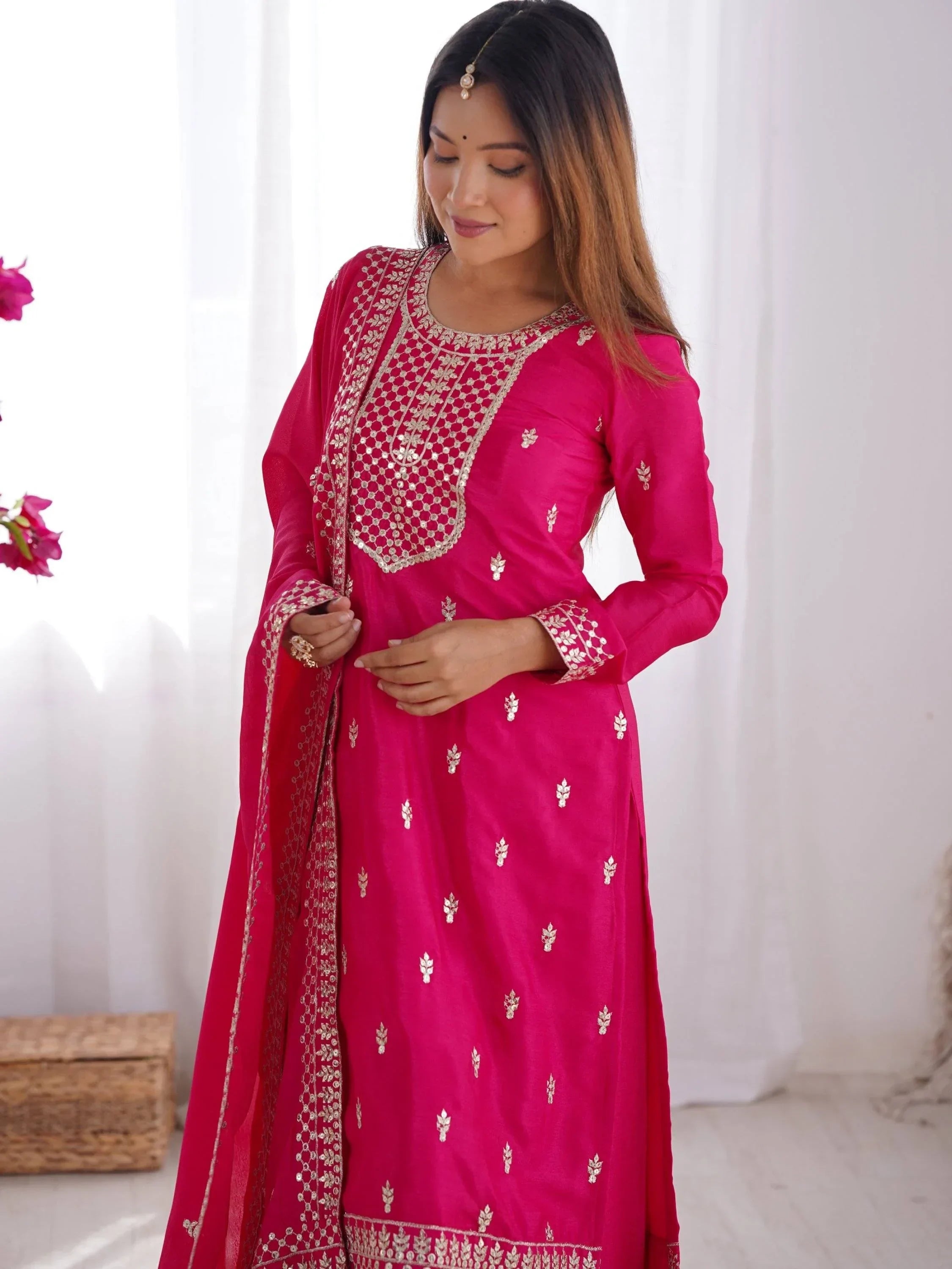 Gorgeous Pink Sequins Chinon Silk Party Wear Palazzo Suit