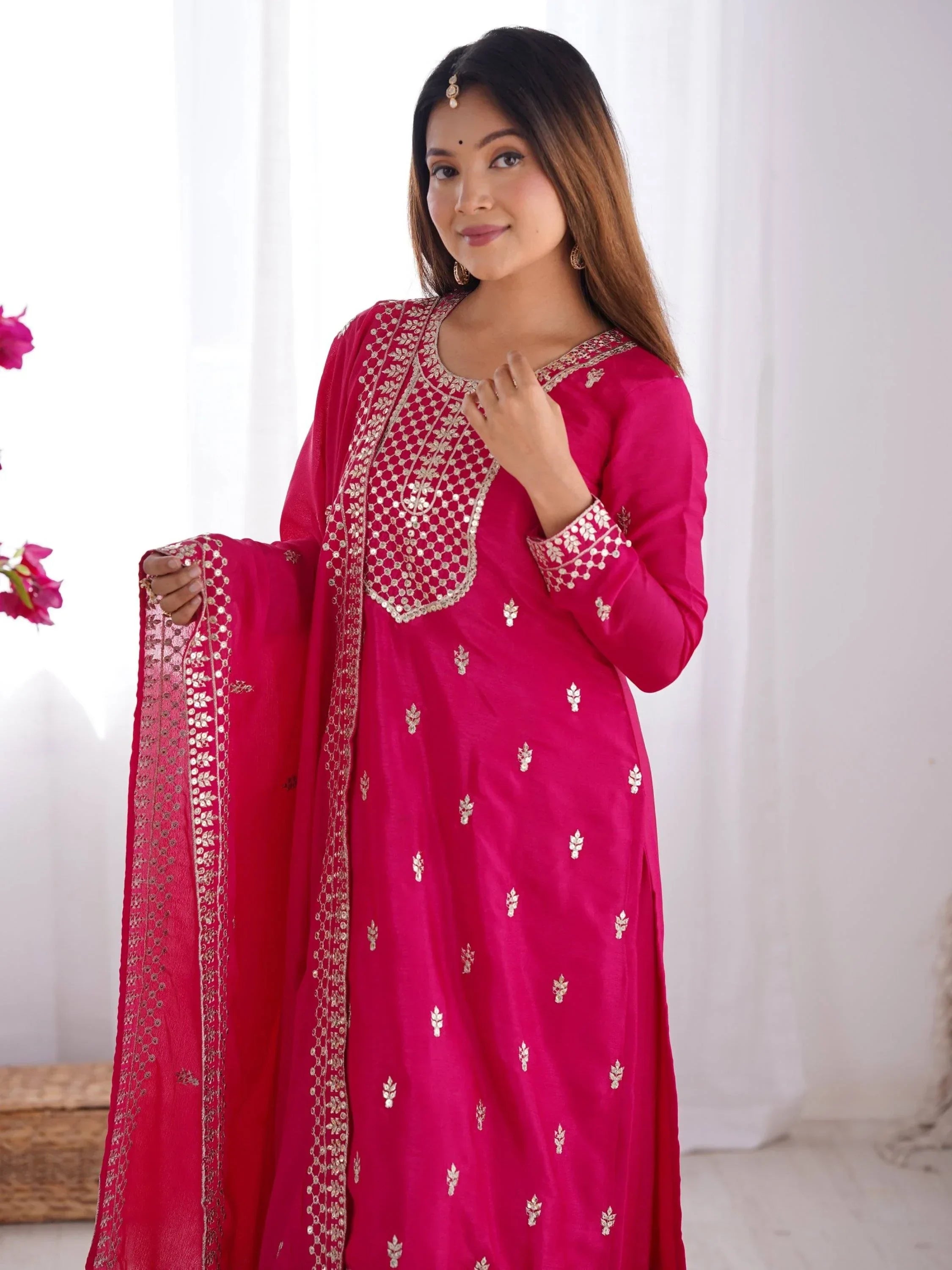 Gorgeous Pink Sequins Chinon Silk Party Wear Palazzo Suit