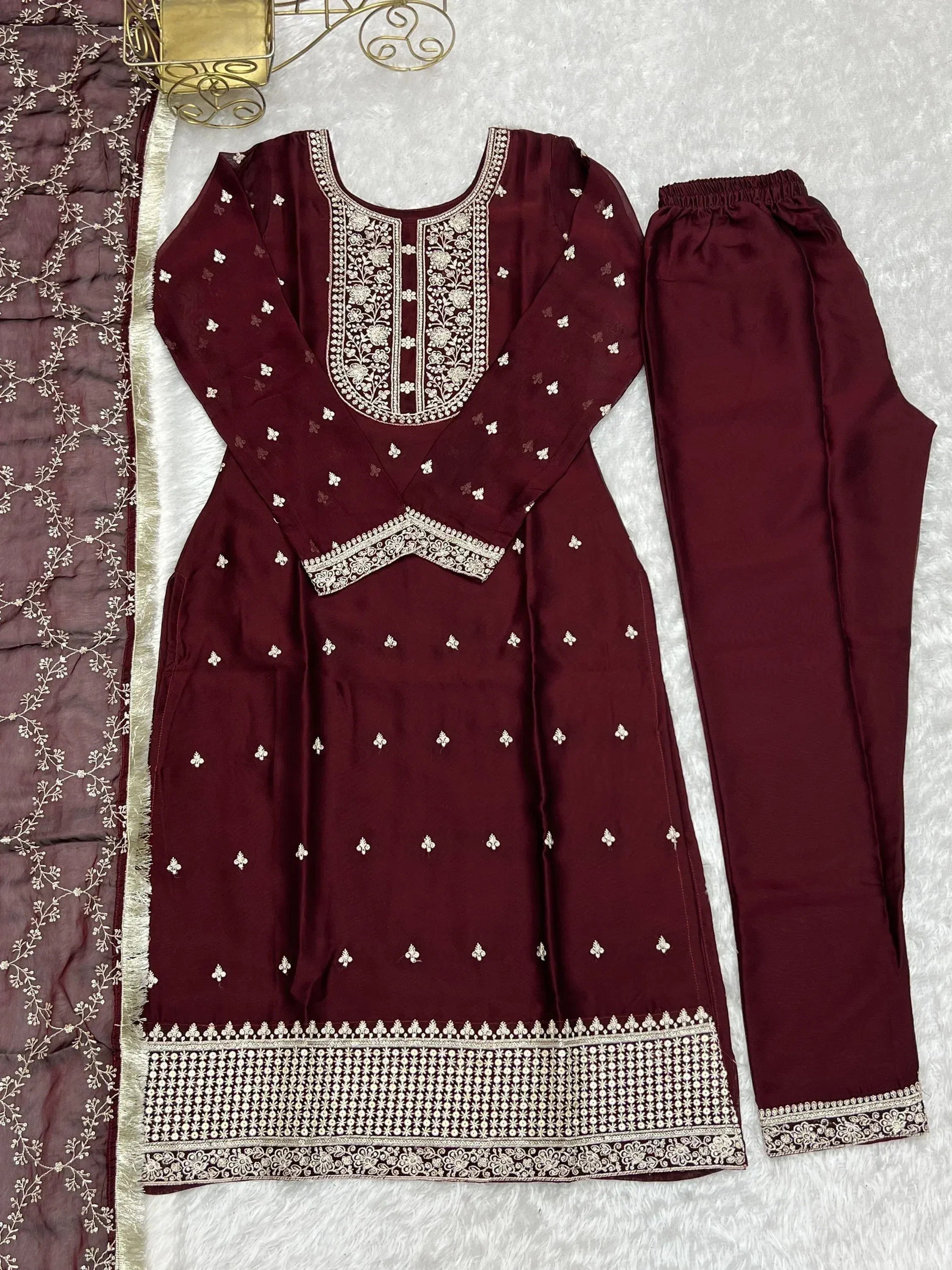 Maroon embroidered salwar kameez with matching dupatta, Indian ethnic wear for women