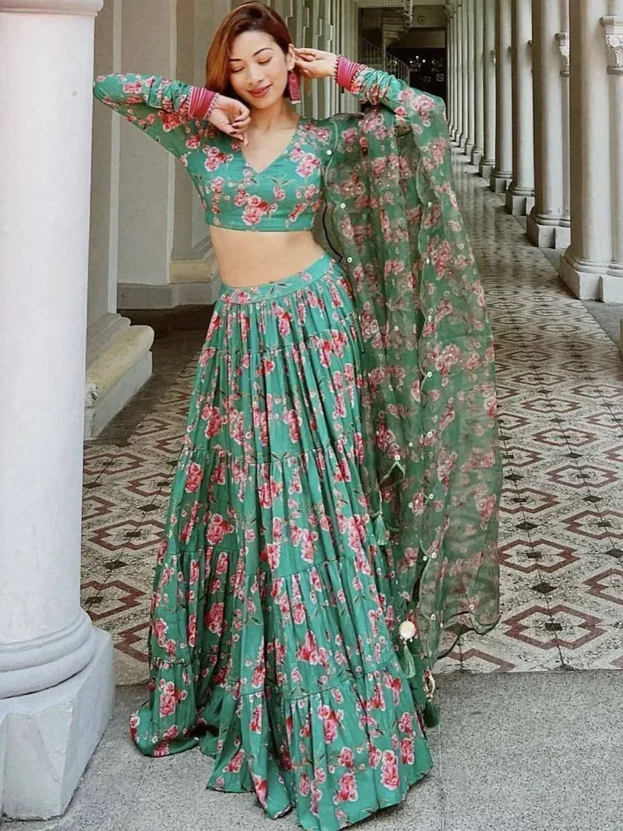 Green floral lehenga choli with sheer dupatta, ethnic Indian wear for women