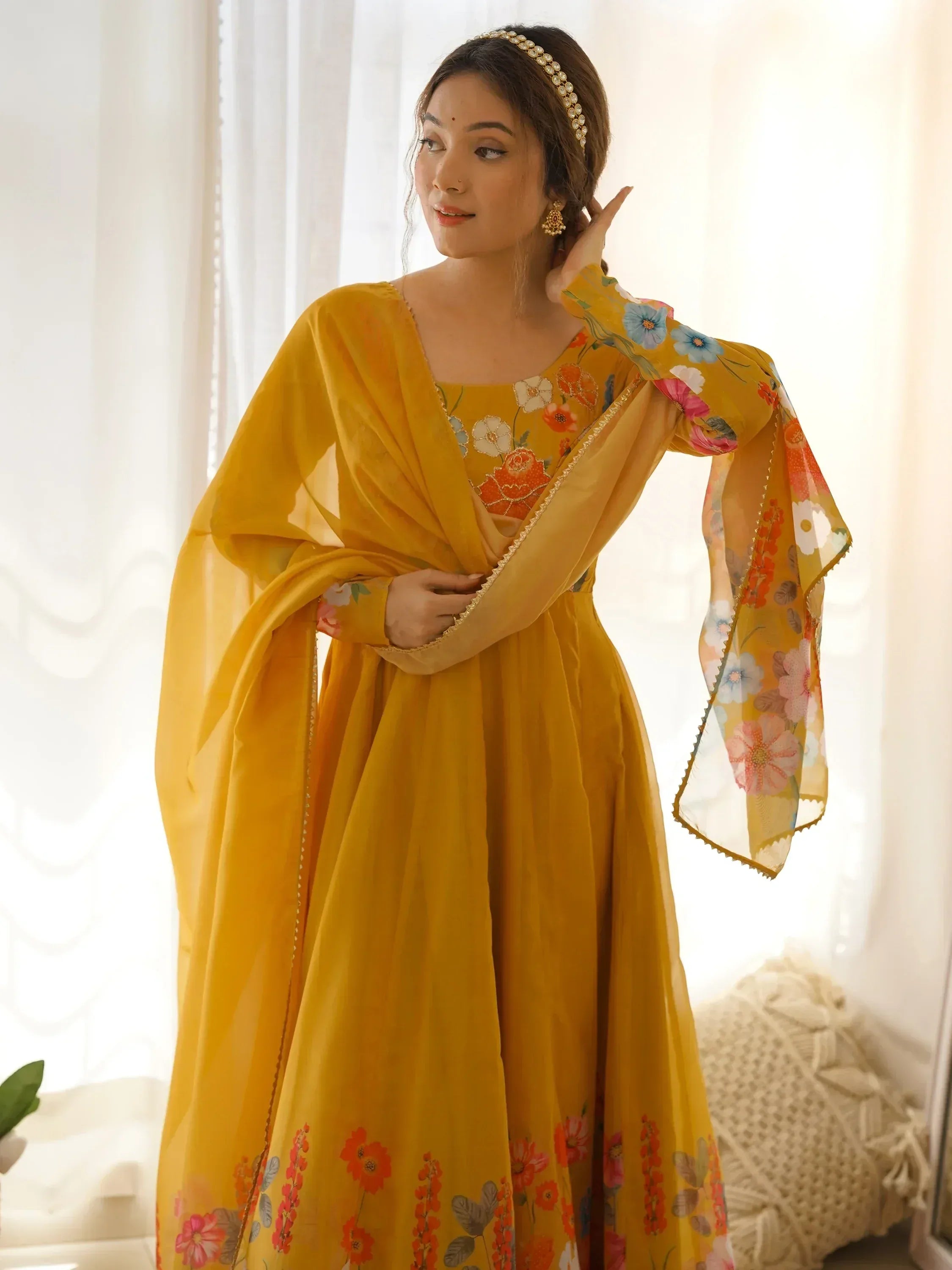 Yellow floral printed ethnic gown with dupatta, perfect for Indian occasions and festive wear