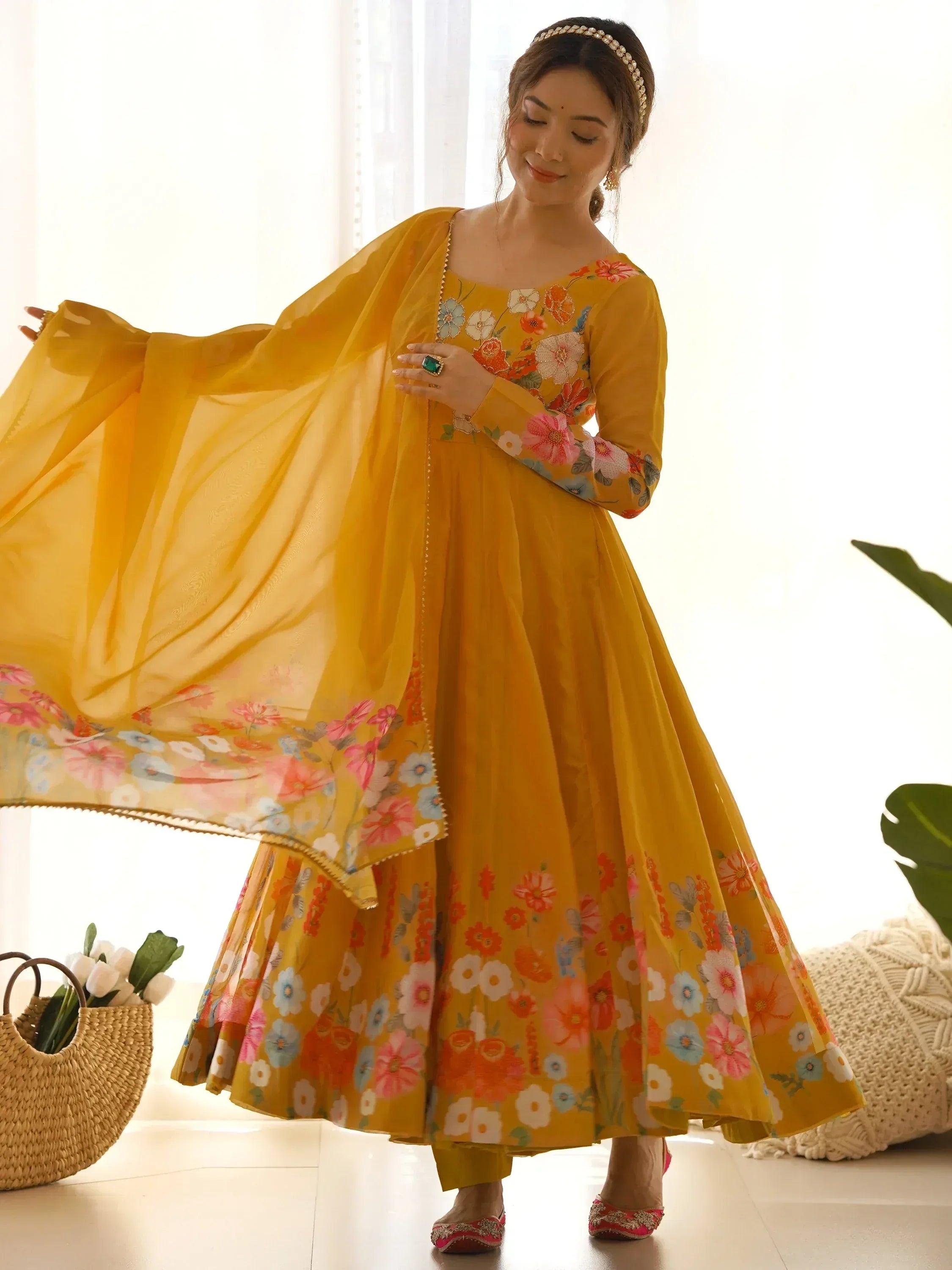 Yellow floral anarkali suit with dupatta, Indian ethnic wear for women
