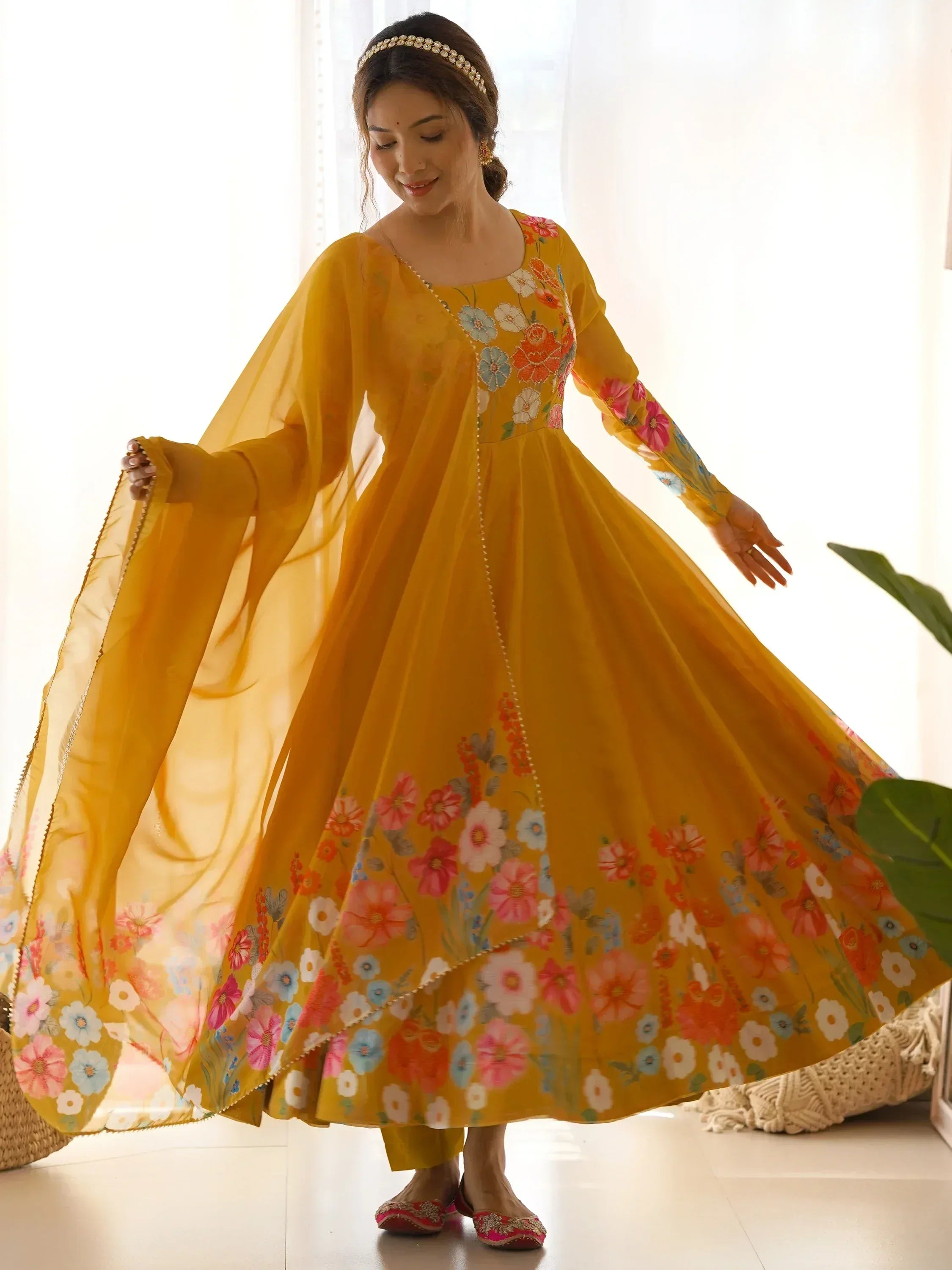 Yellow floral Anarkali suit with cape, perfect for Indian ethnic wear and festive occasions