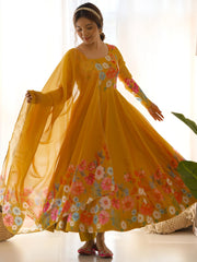 Majestic Yellow Floral Printed Organza Haldi Wear Anarkali Suit
