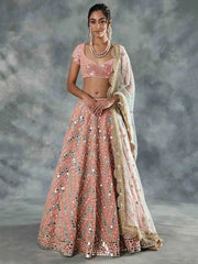 Stunning Peach Foil Mirror work Organza Party Wear Lehenga Choli
