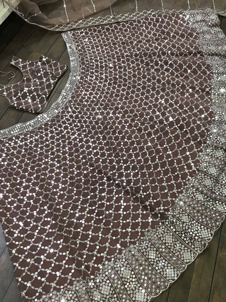 Brown designer lehenga choli with silver mirror work and sequin embroidery, ethnic Indian wear
