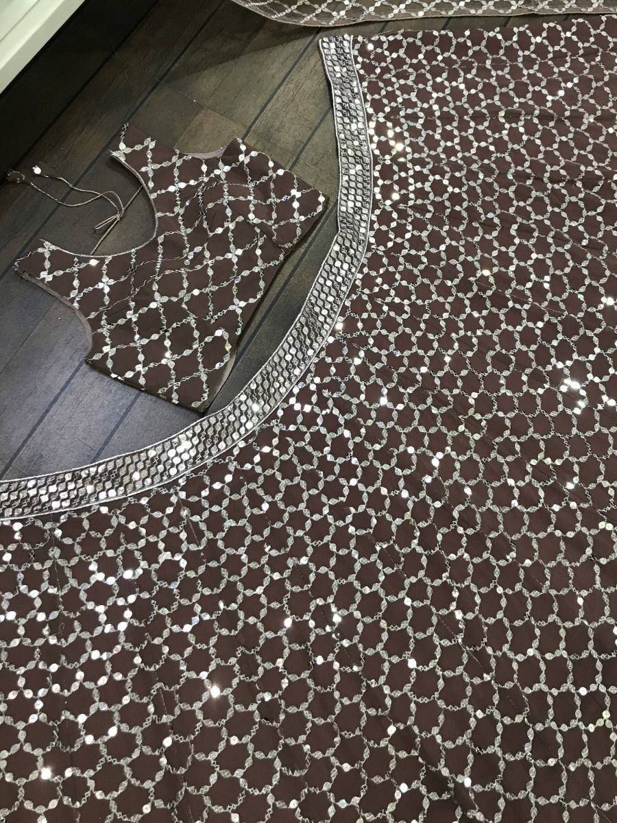 Brown mirror work lehenga choli with geometric sequin pattern, ethnic Indian party wear