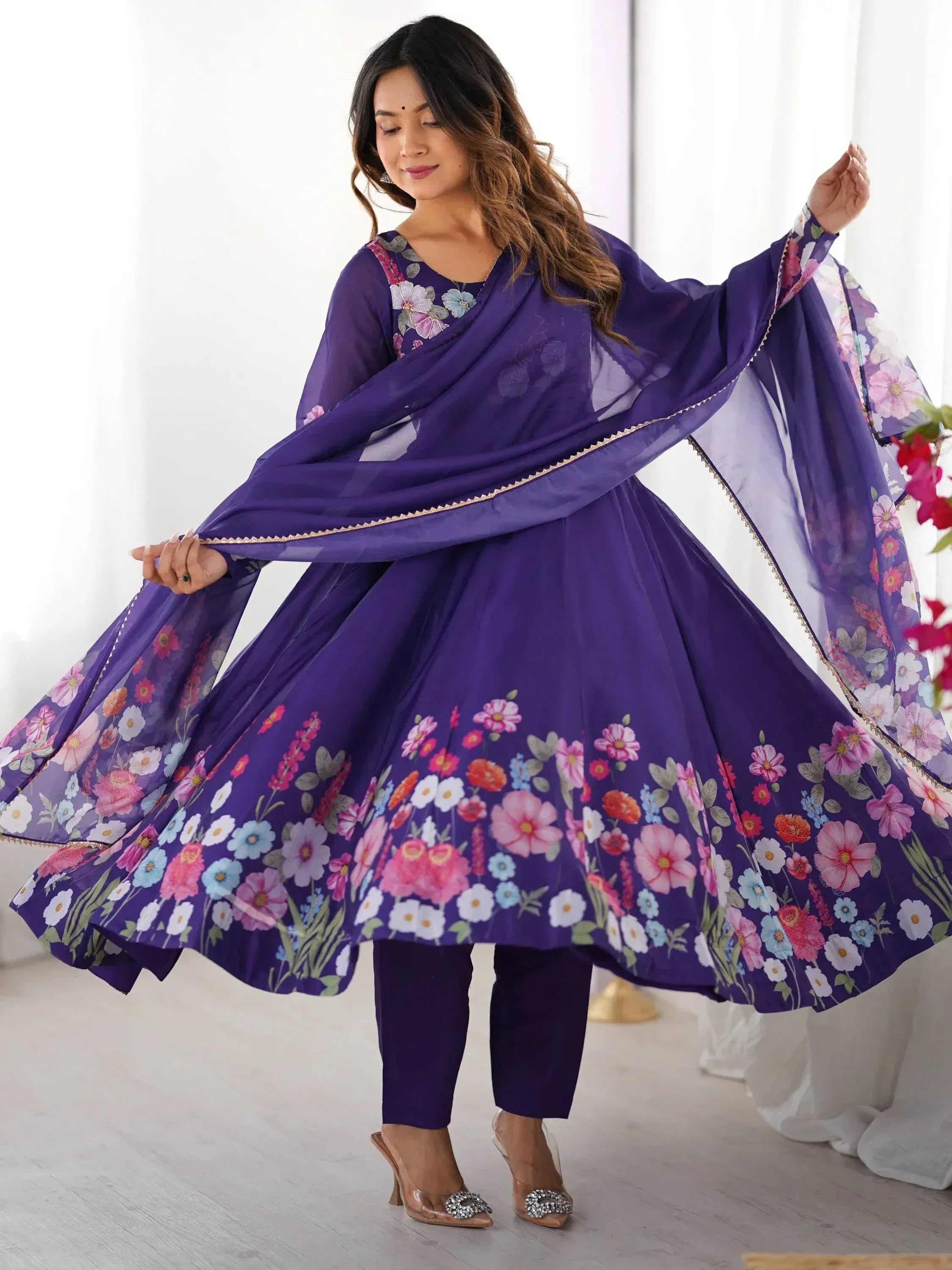 Purple floral print anarkali suit with matching dupatta, Indian ethnic wear for women