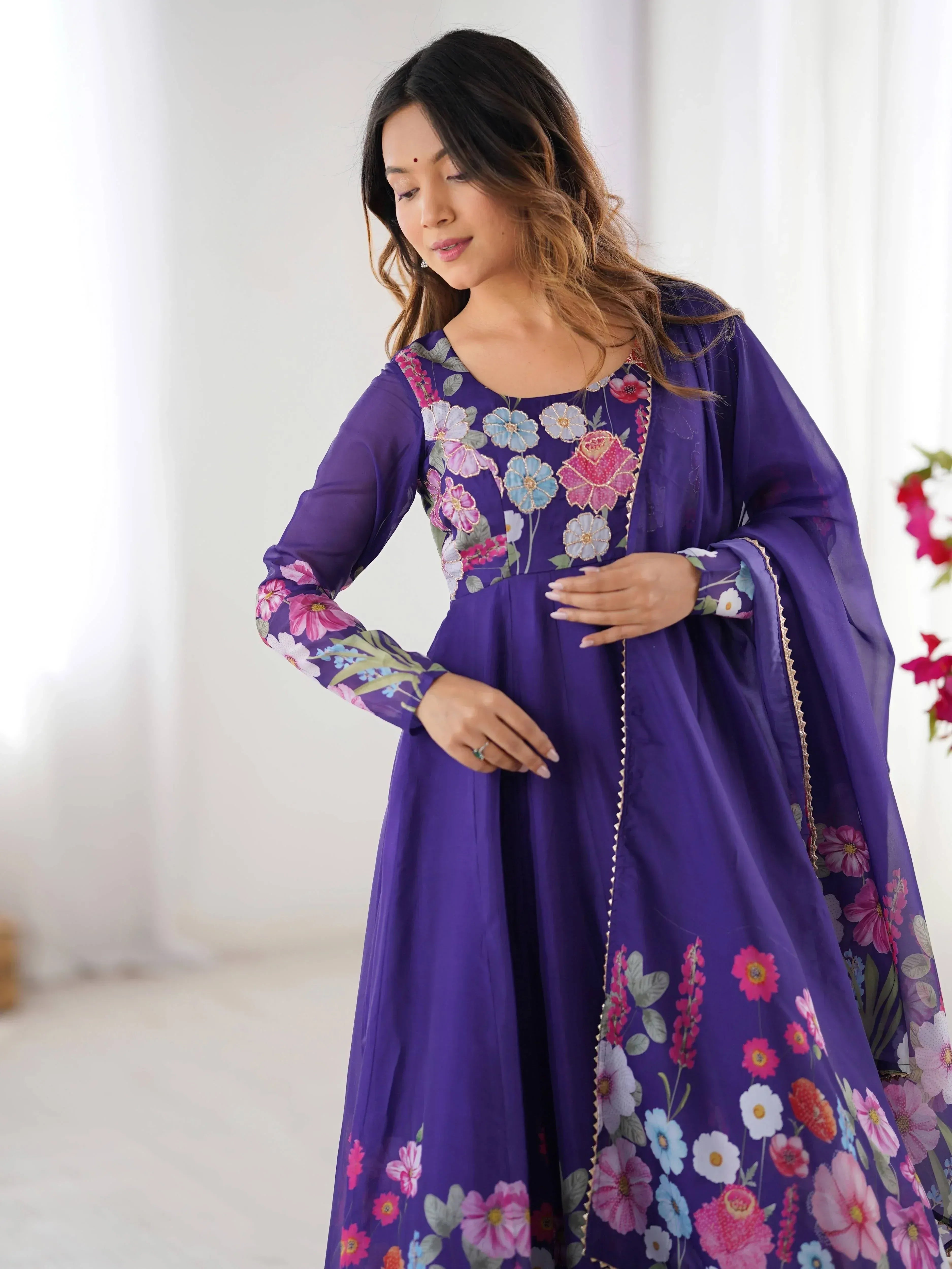 Purple floral ethnic gown with embroidered flowers and sheer sleeves for women