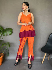 Magnetic Orange Shibori Printed Muslin Silk Pant With Top Co-Ord Set