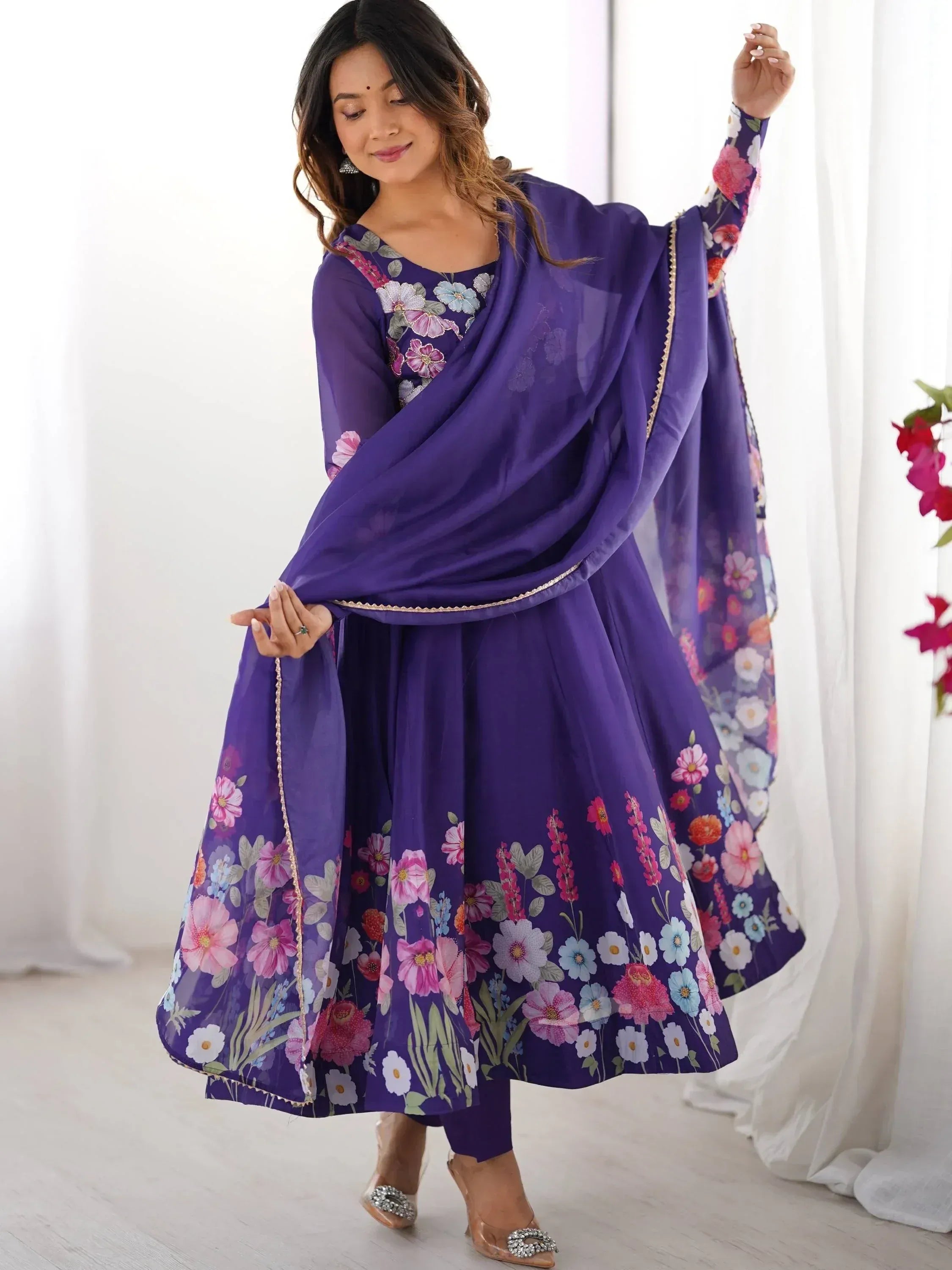 Purple floral printed Indian ethnic salwar kameez with dupatta, perfect for festive occasions