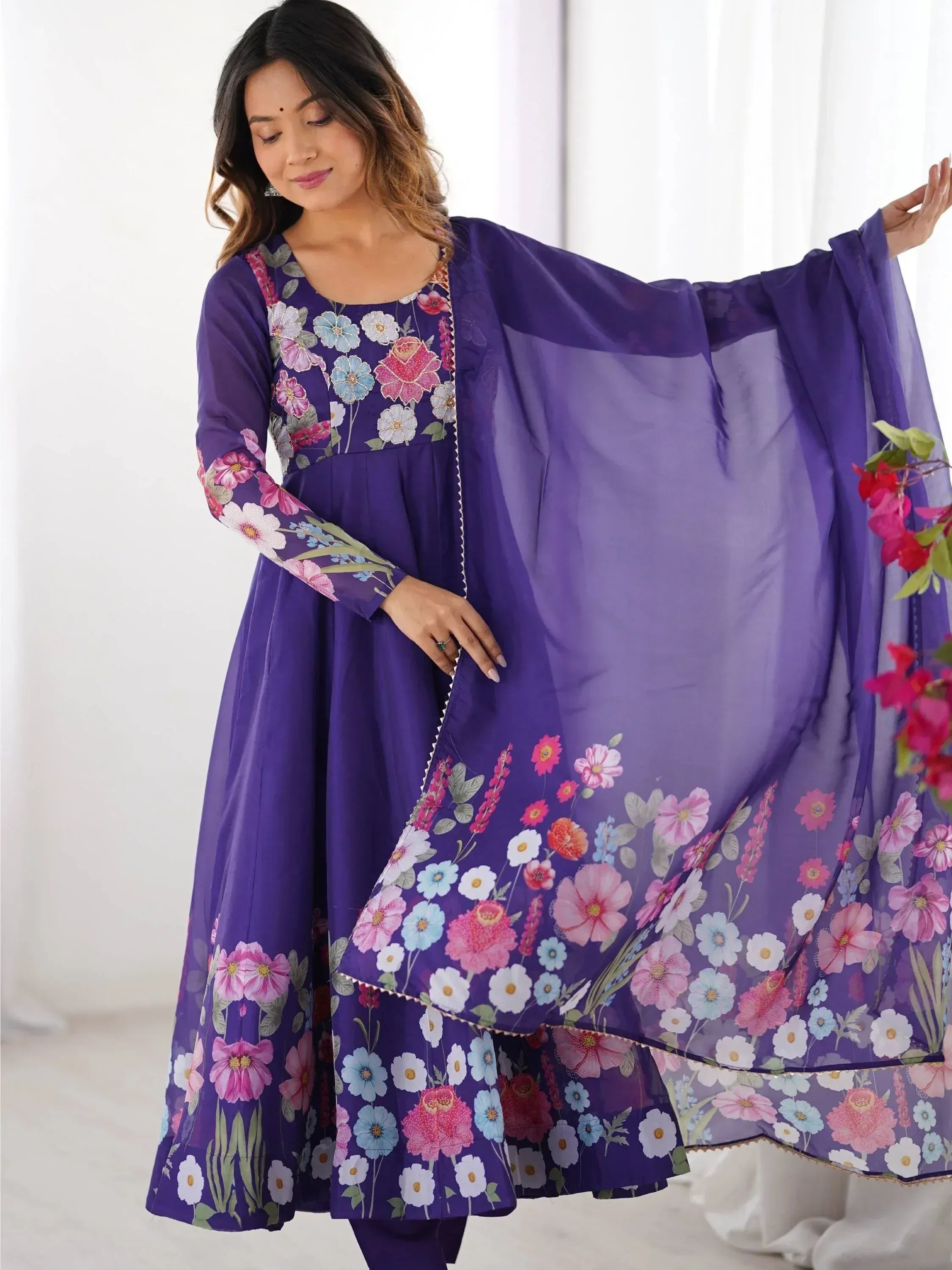 Purple floral print ethnic anarkali suit with matching dupatta, perfect for Indian occasions