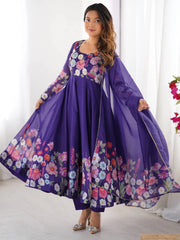 Alluring Purple Floral Printed Organza Casual Wear Anarkali Suit With Dupatta