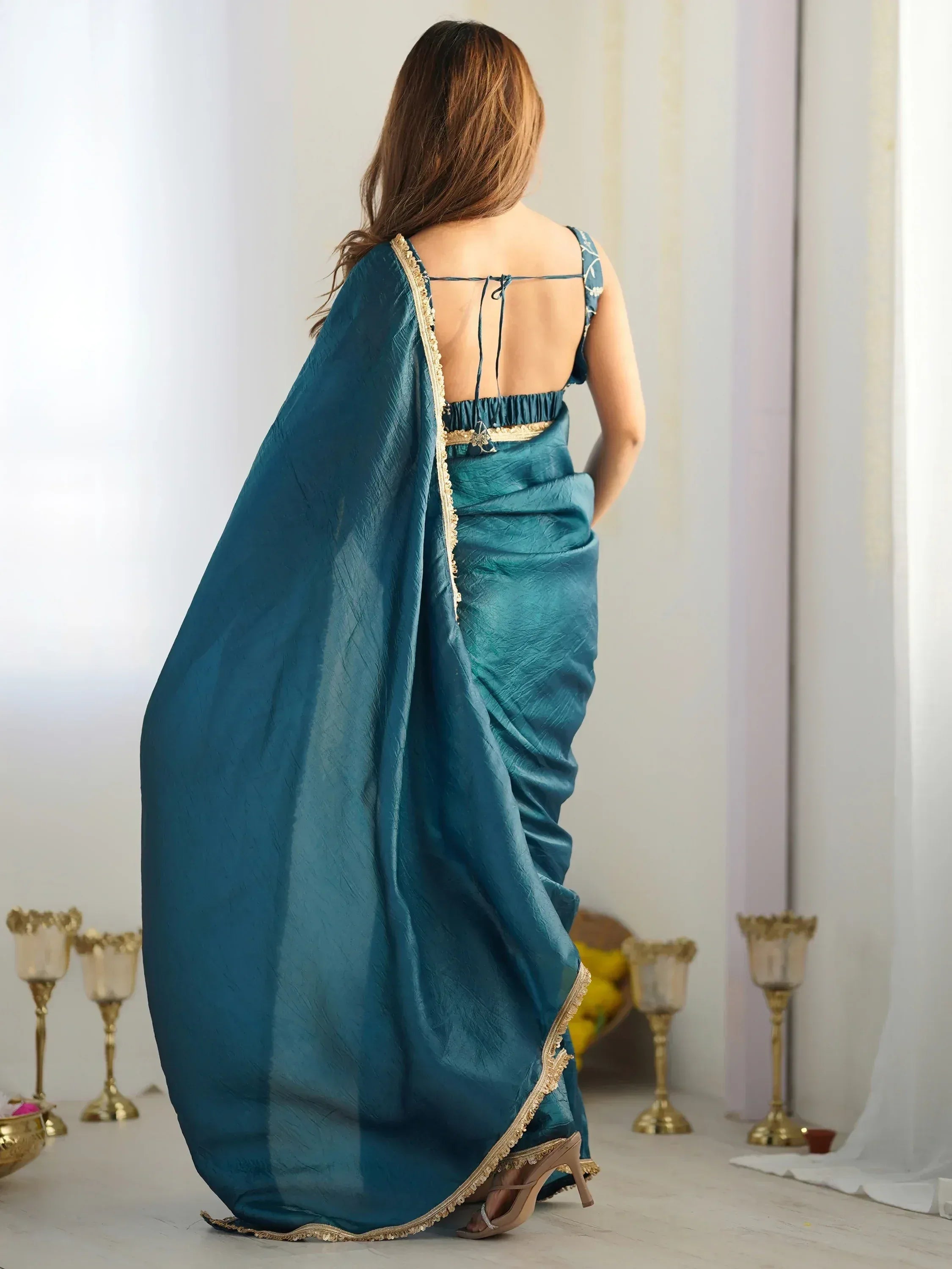 Teal saree with gold border and backless blouse, Indian ethnic wear for women