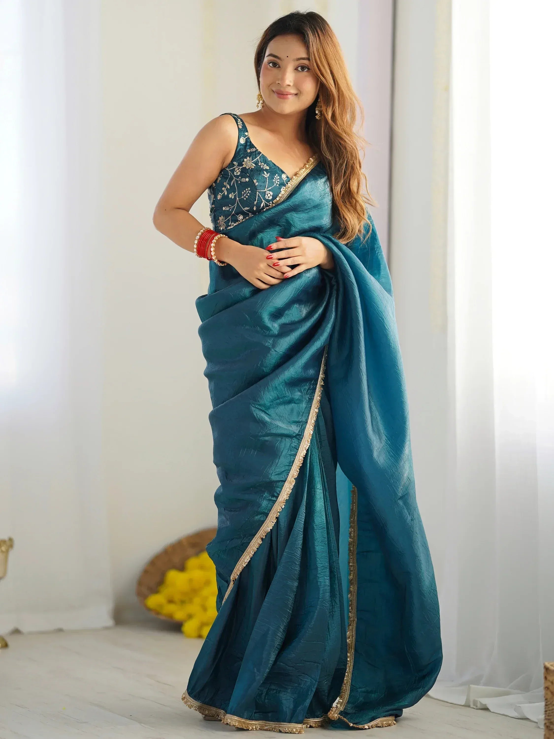 Teal blue saree with gold border and embroidered blouse, Indian ethnic wear for women