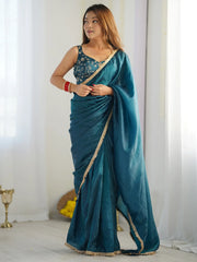 Enchanting Teal Blue Tissue Silk Pre Stitched Saree With Blouse