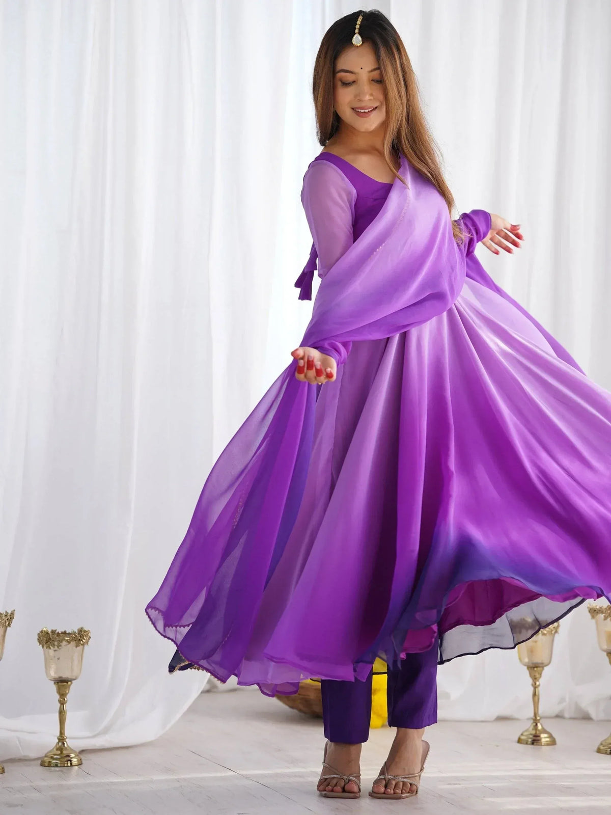 Purple ombre ethnic gown with flowing dupatta, perfect for Indian occasions and festive wear