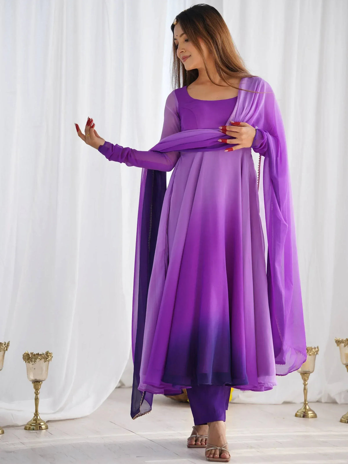 Purple ombre ethnic anarkali suit with sheer dupatta, perfect for Indian occasions and festive wear.