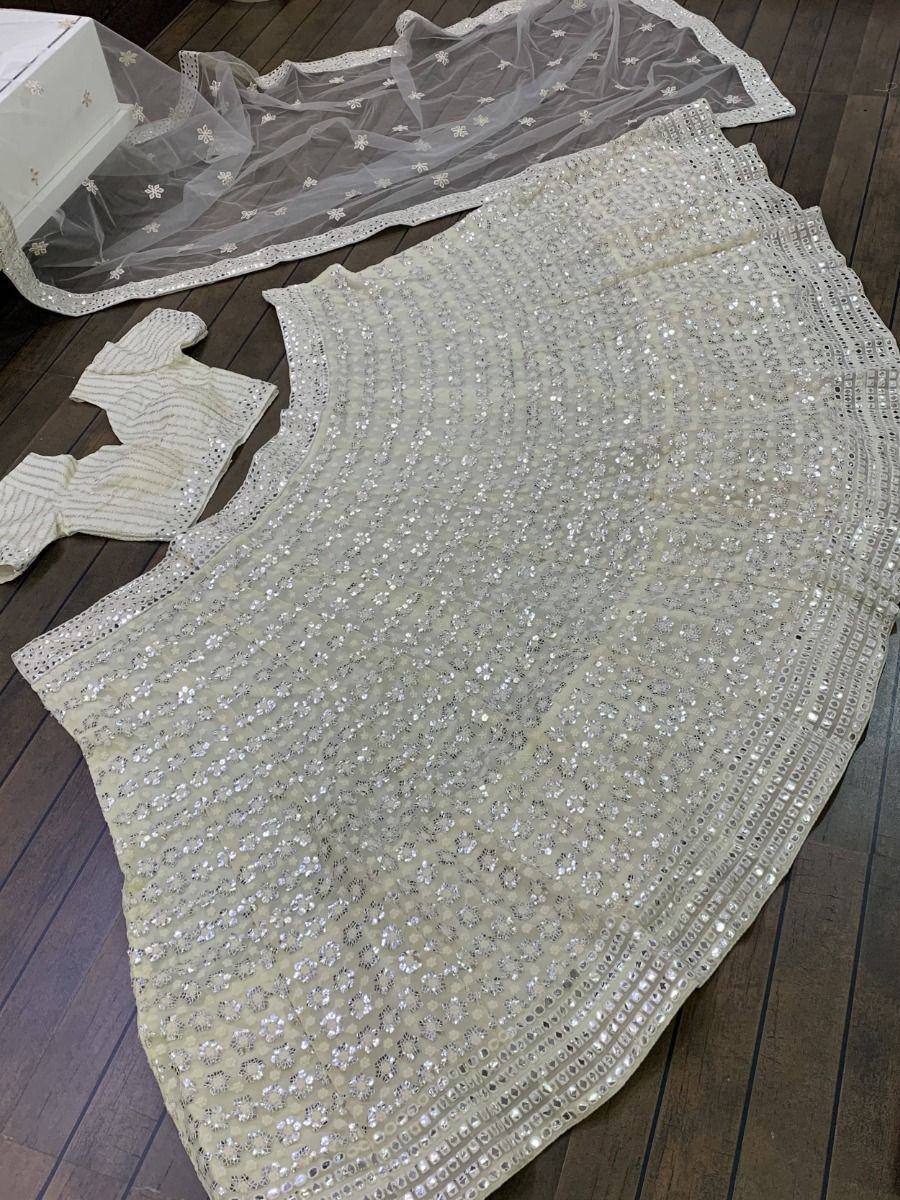 Ivory mirror work lehenga choli with sheer dupatta, ethnic Indian wedding wear
