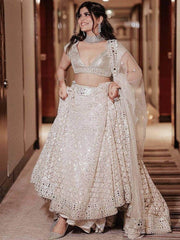 Wonderful Cream Sequined Georgette Sangeet Wear Lehenga Choli