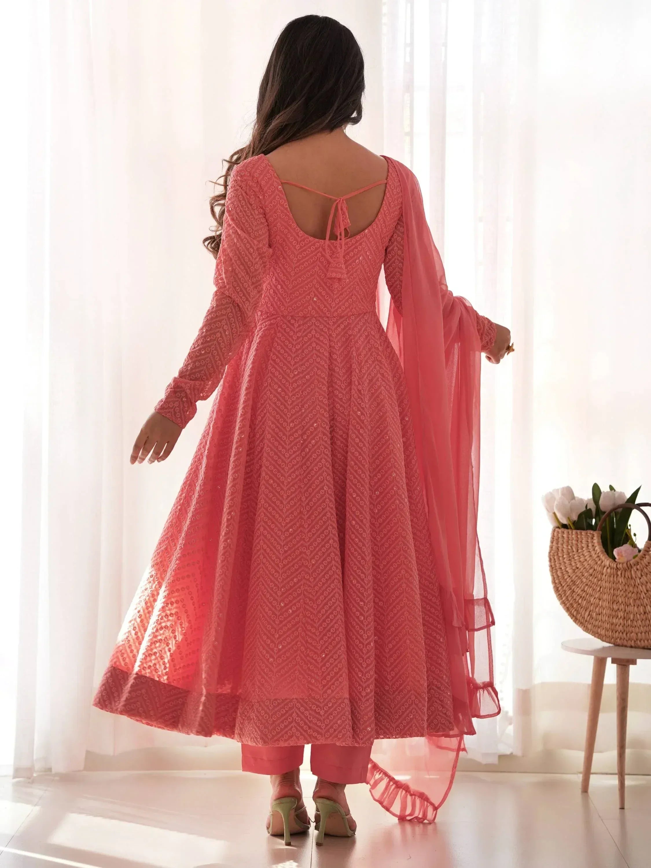 Pink embroidered anarkali suit with back tie detail, sheer dupatta, and palazzo pants for ethnic wear