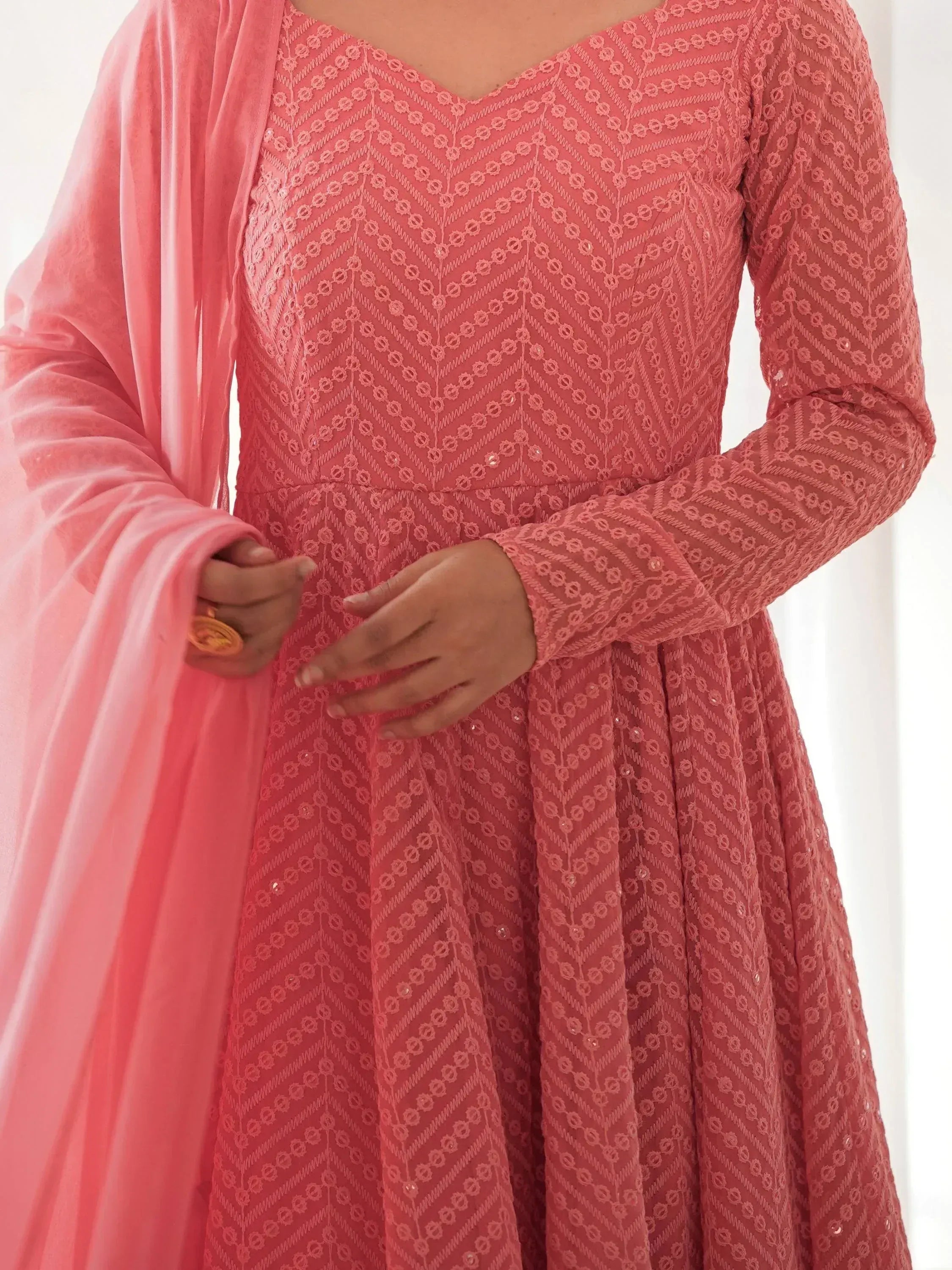 Pink embroidered ethnic gown with matching dupatta, perfect for Indian festive occasions