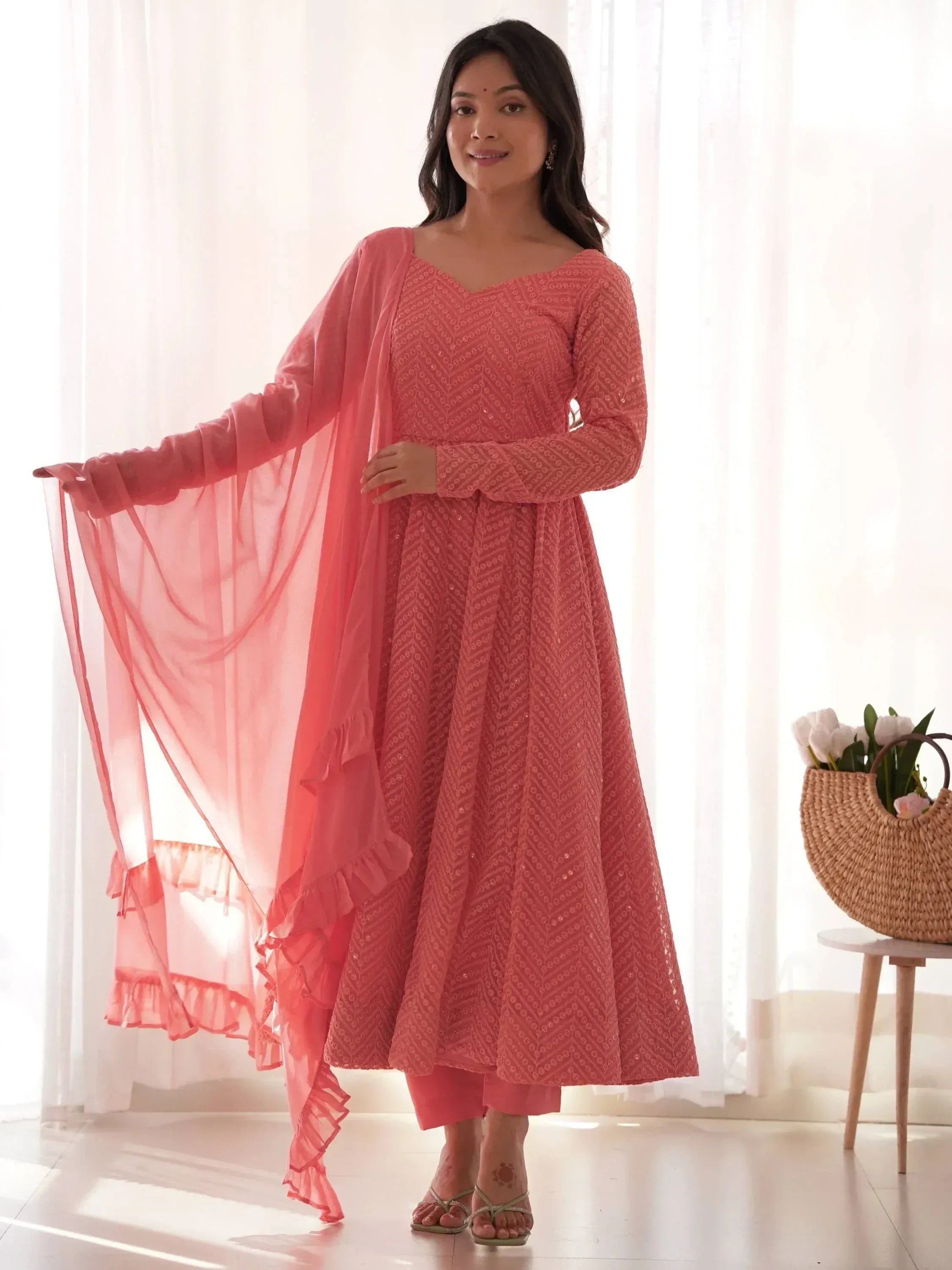 Pink embroidered anarkali suit with ruffled dupatta, Indian ethnic wear for women