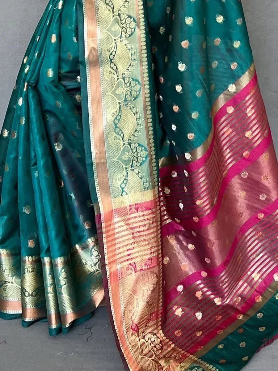 Teal silk saree with gold floral motifs and pink border, Indian ethnic wear