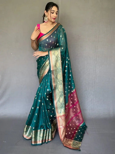 Outstanding Teal Green Zari Weaving Organza Traditional Saree