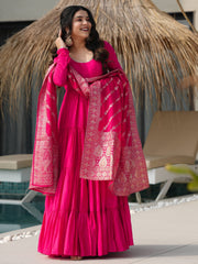 Beautiful Pink Chanderi Silk Wedding Wear Anarkali Suit With Banarasi Dupatta