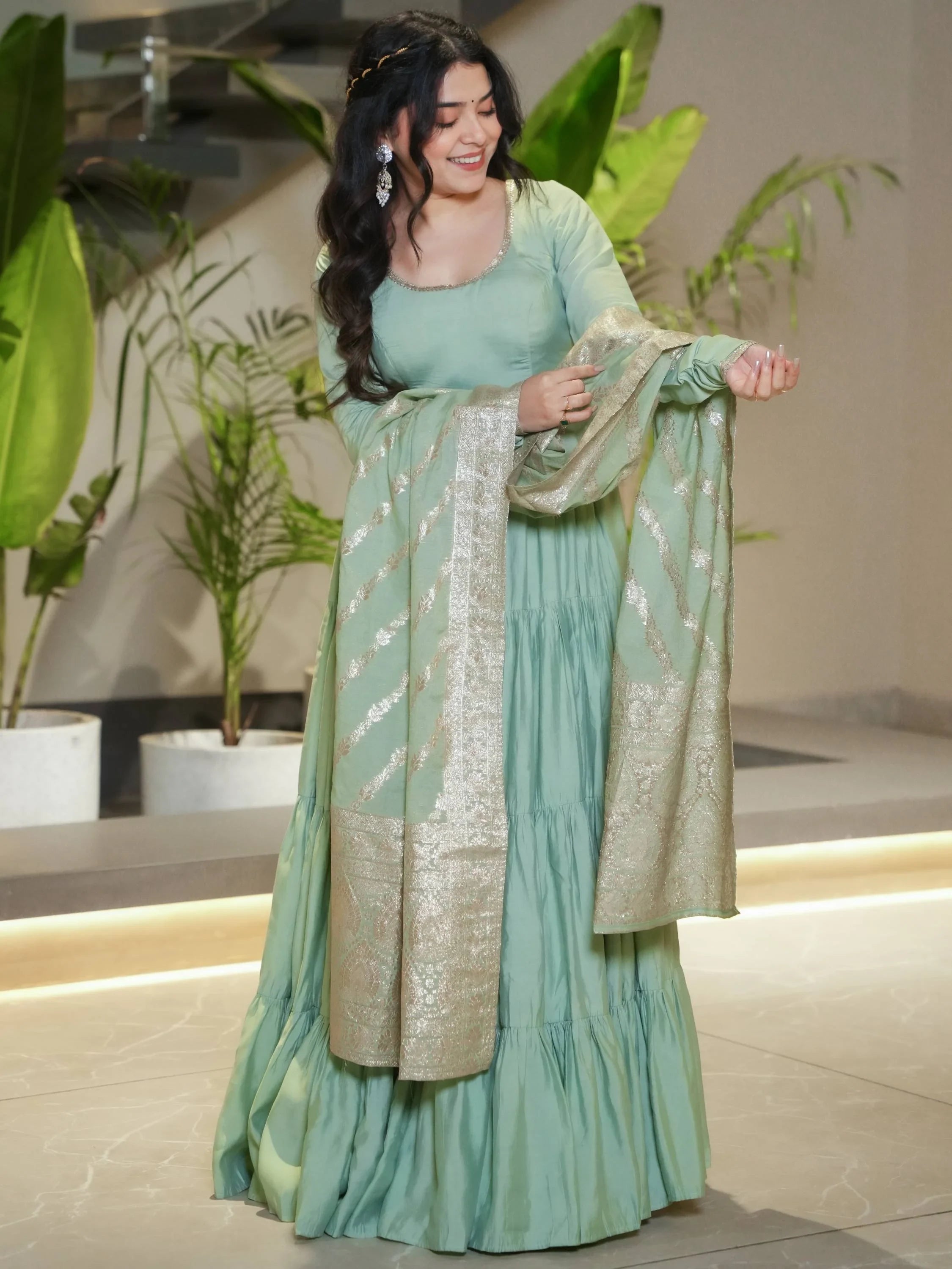 Ravishing Pista Green Chanderi Silk Anarkali Suit With Banarasi Dupatta
