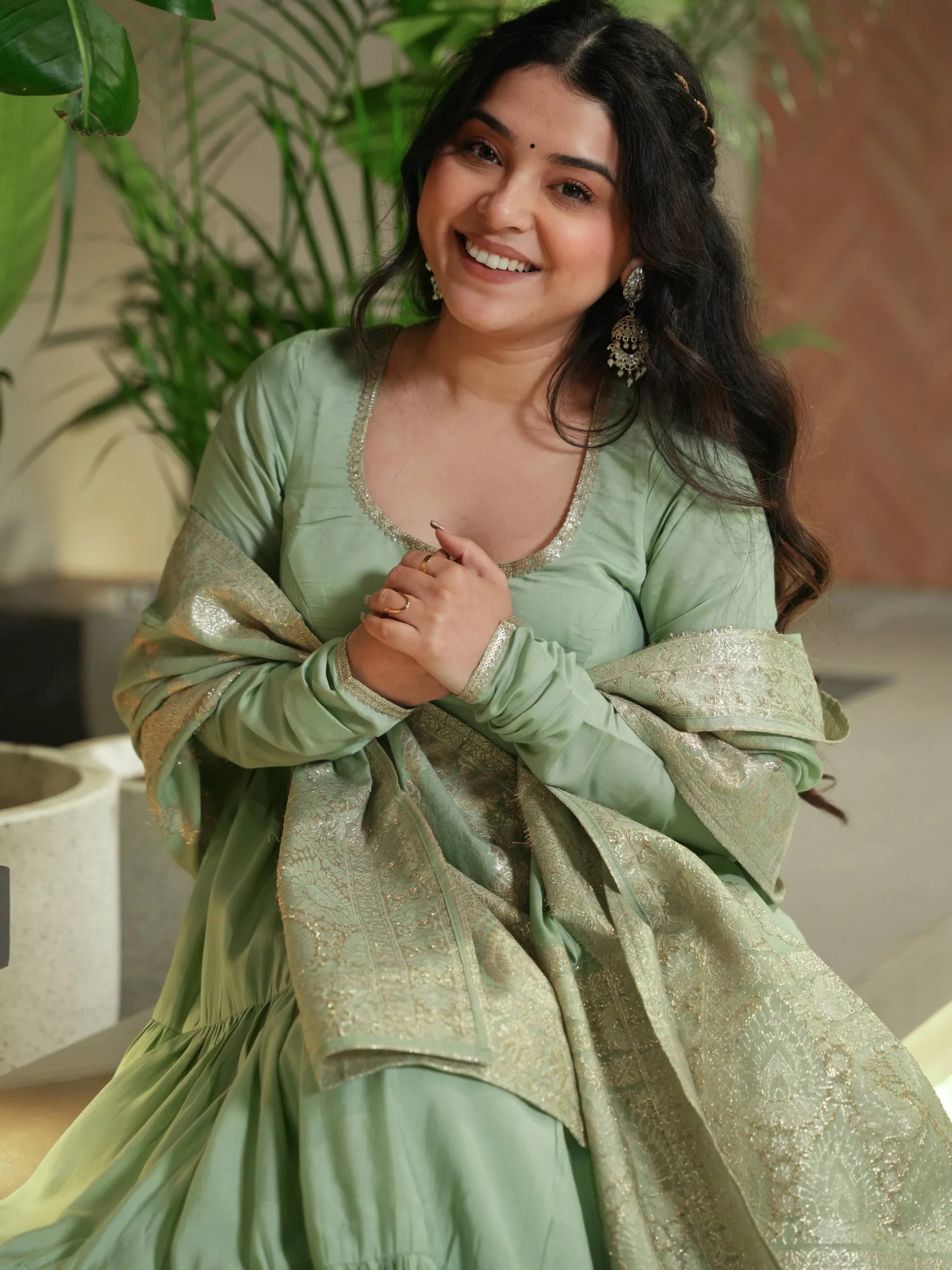 Ravishing Pista Green Chanderi Silk Anarkali Suit With Banarasi Dupatta