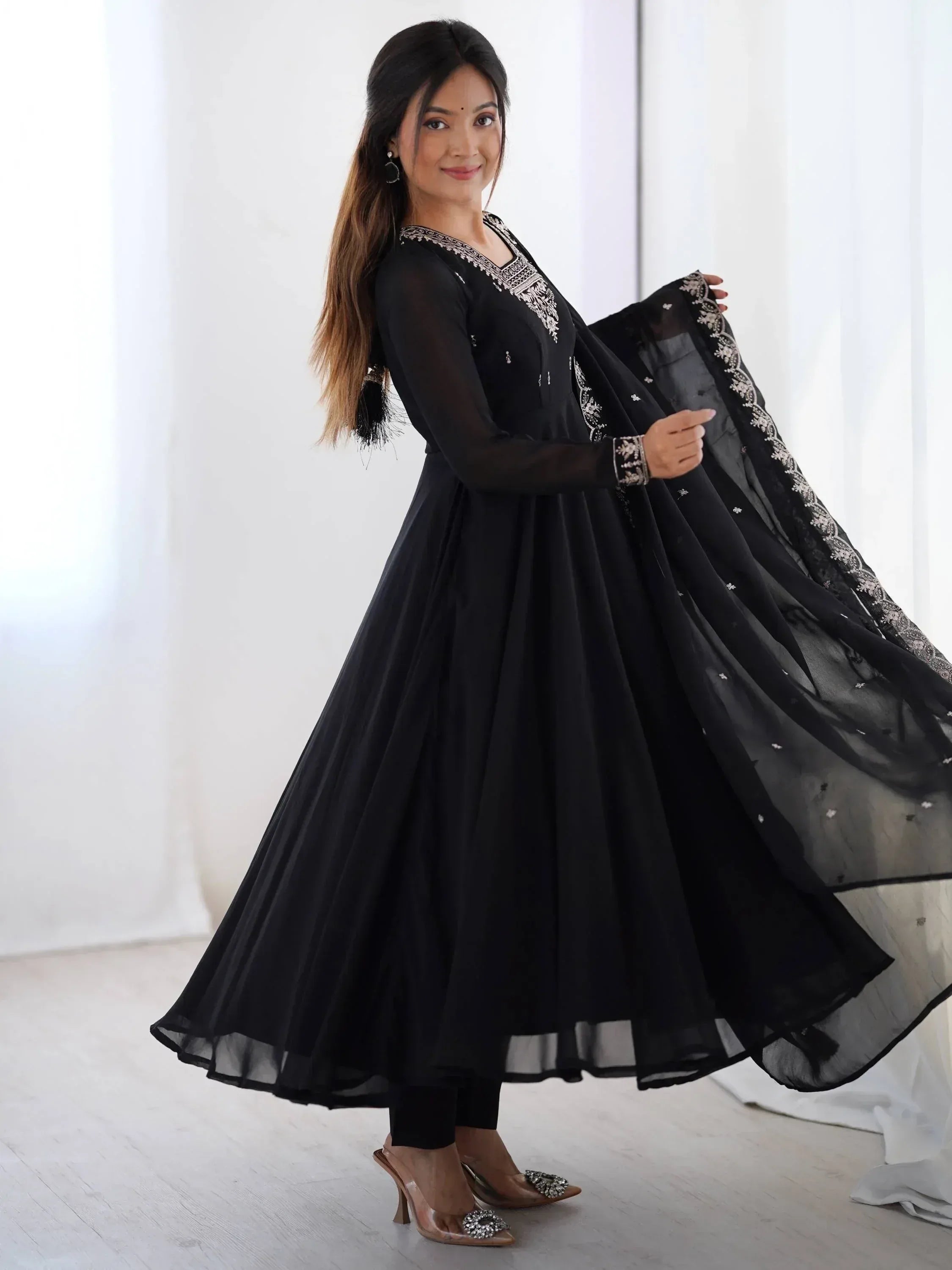 Black embroidered anarkali suit with sheer dupatta, ethnic Indian wear for women