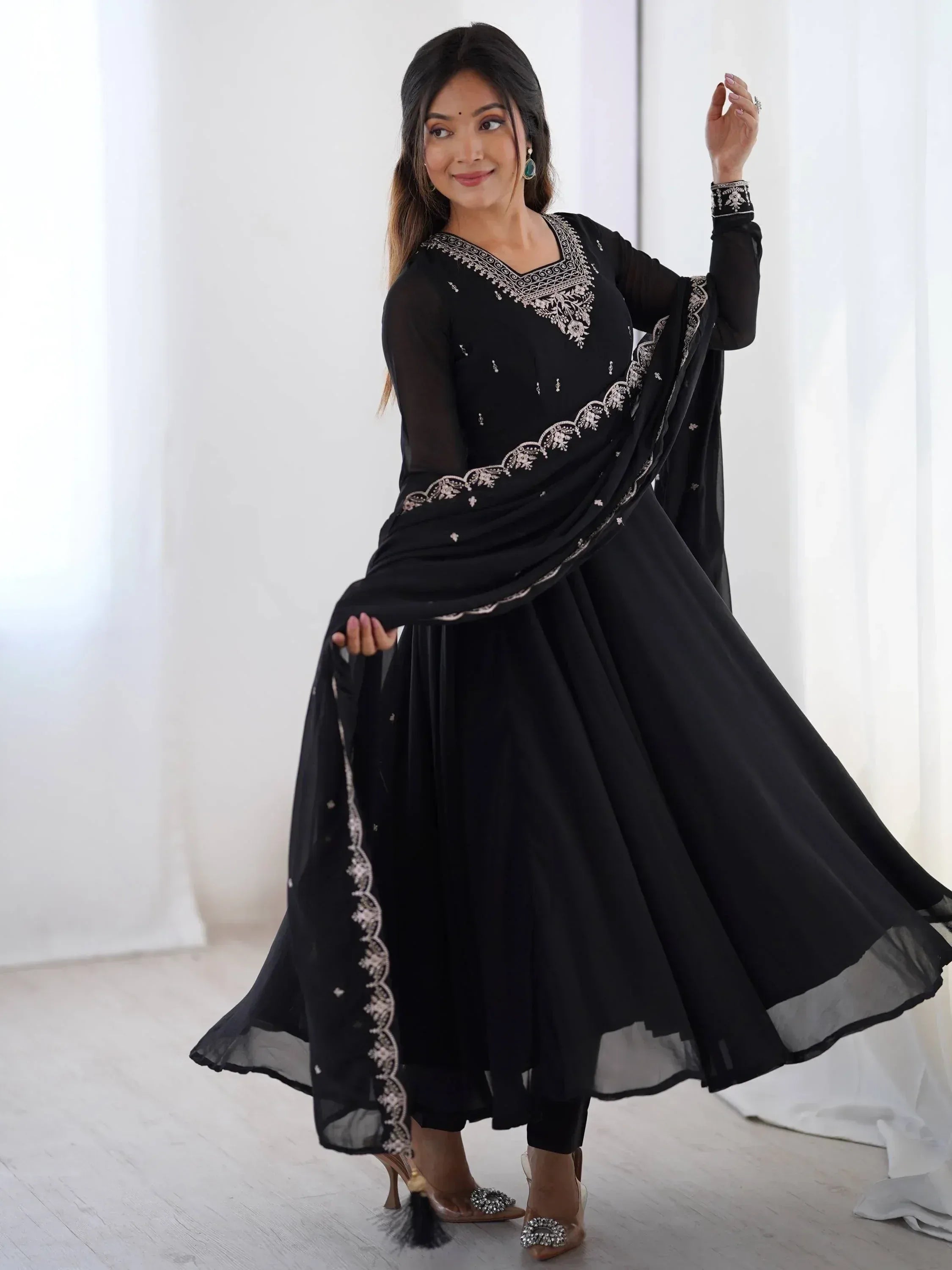 Black embroidered anarkali suit with dupatta, Indian ethnic wear for women