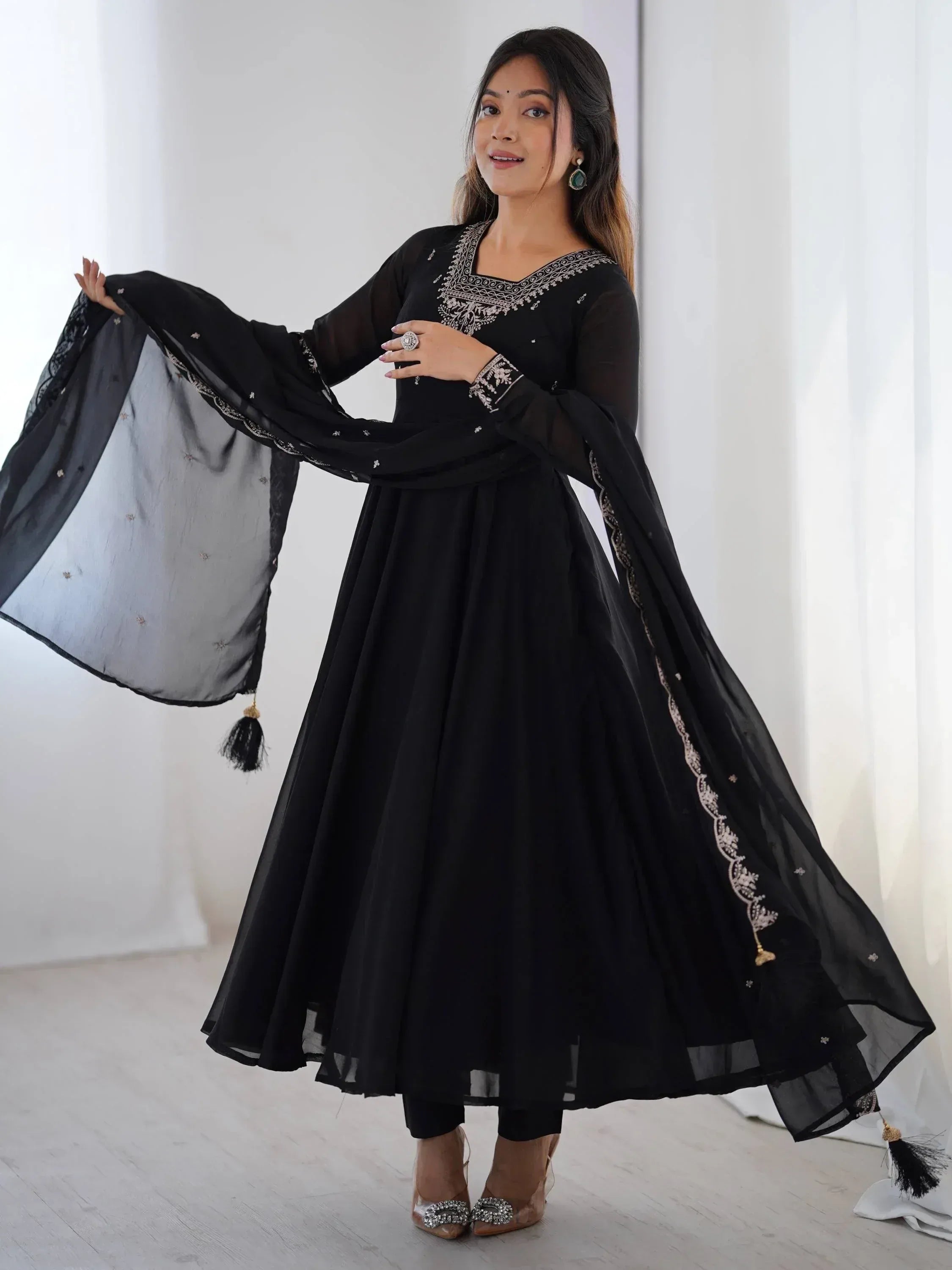 Black embroidered anarkali suit with sheer dupatta, Indian ethnic wear for women