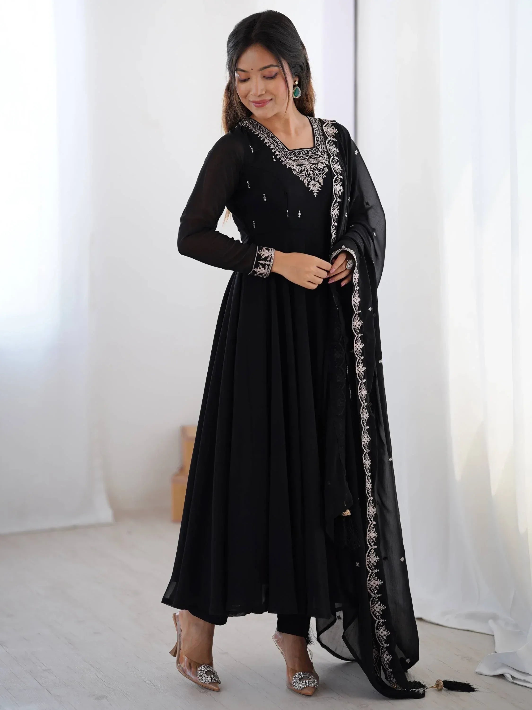 Black embroidered anarkali suit with matching dupatta, perfect for Indian ethnic wear occasions