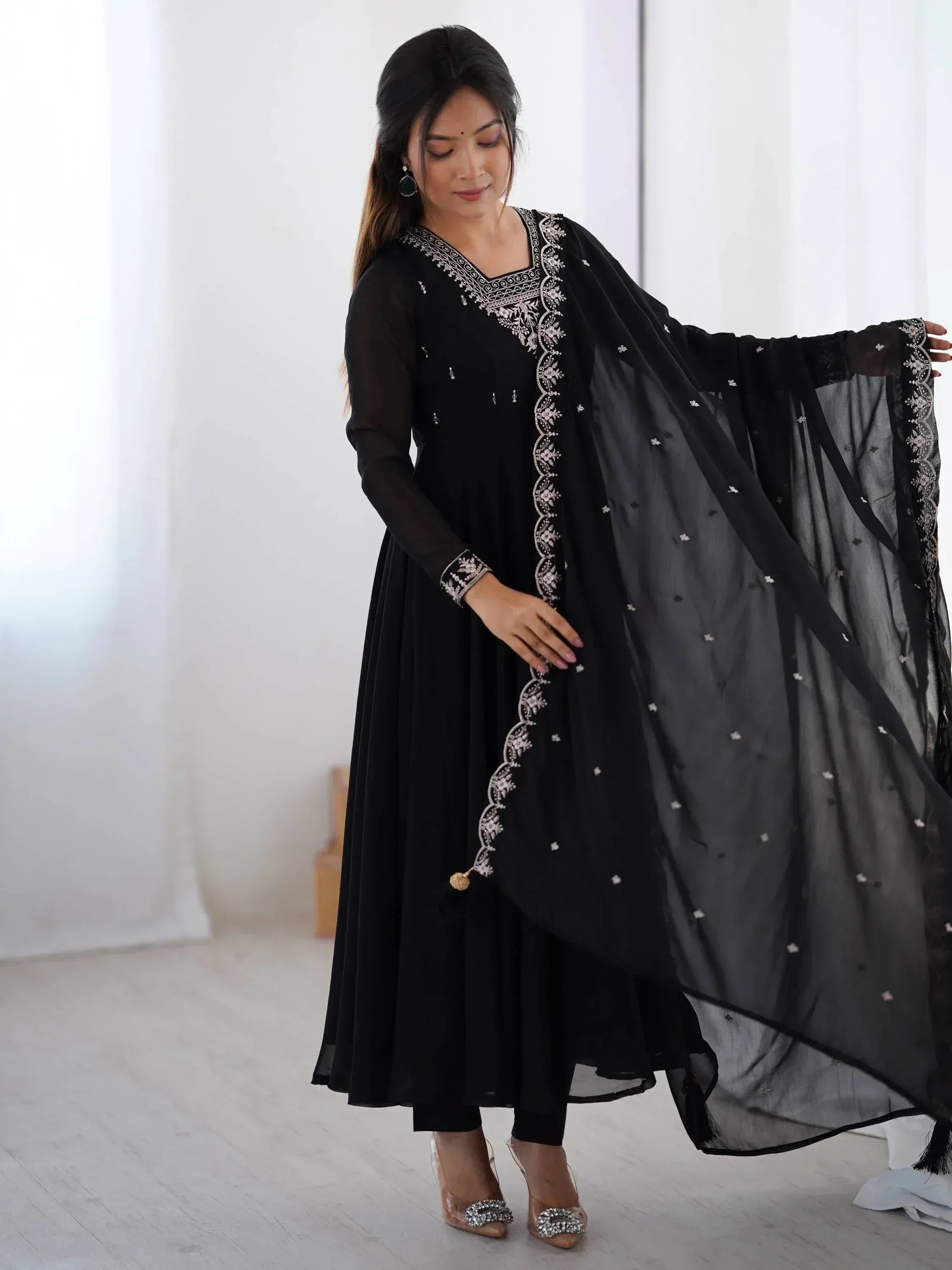 Black embroidered salwar kameez with sheer dupatta, Indian ethnic wear for women