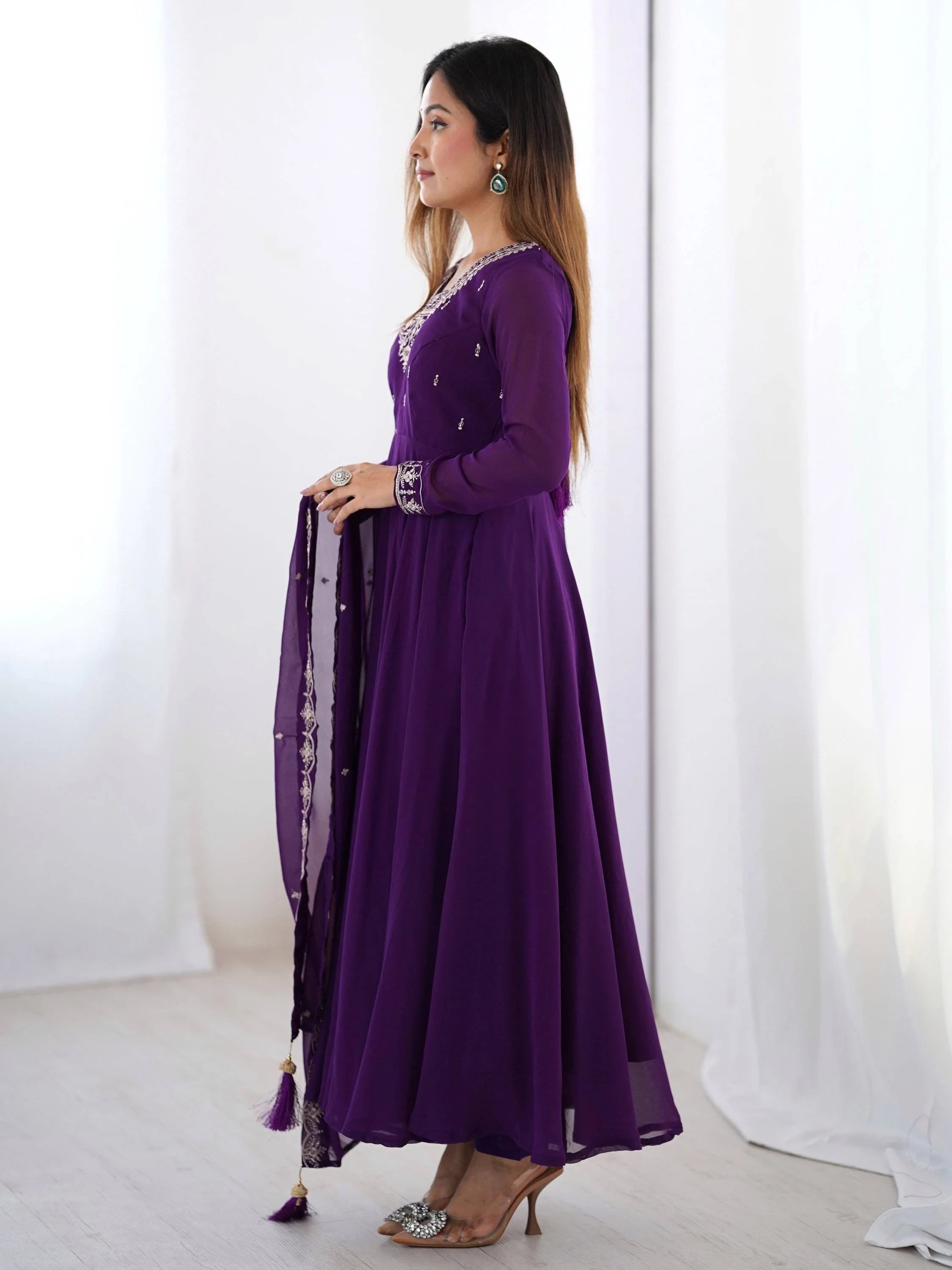 Purple embroidered anarkali suit with matching dupatta, ethnic Indian wear for women