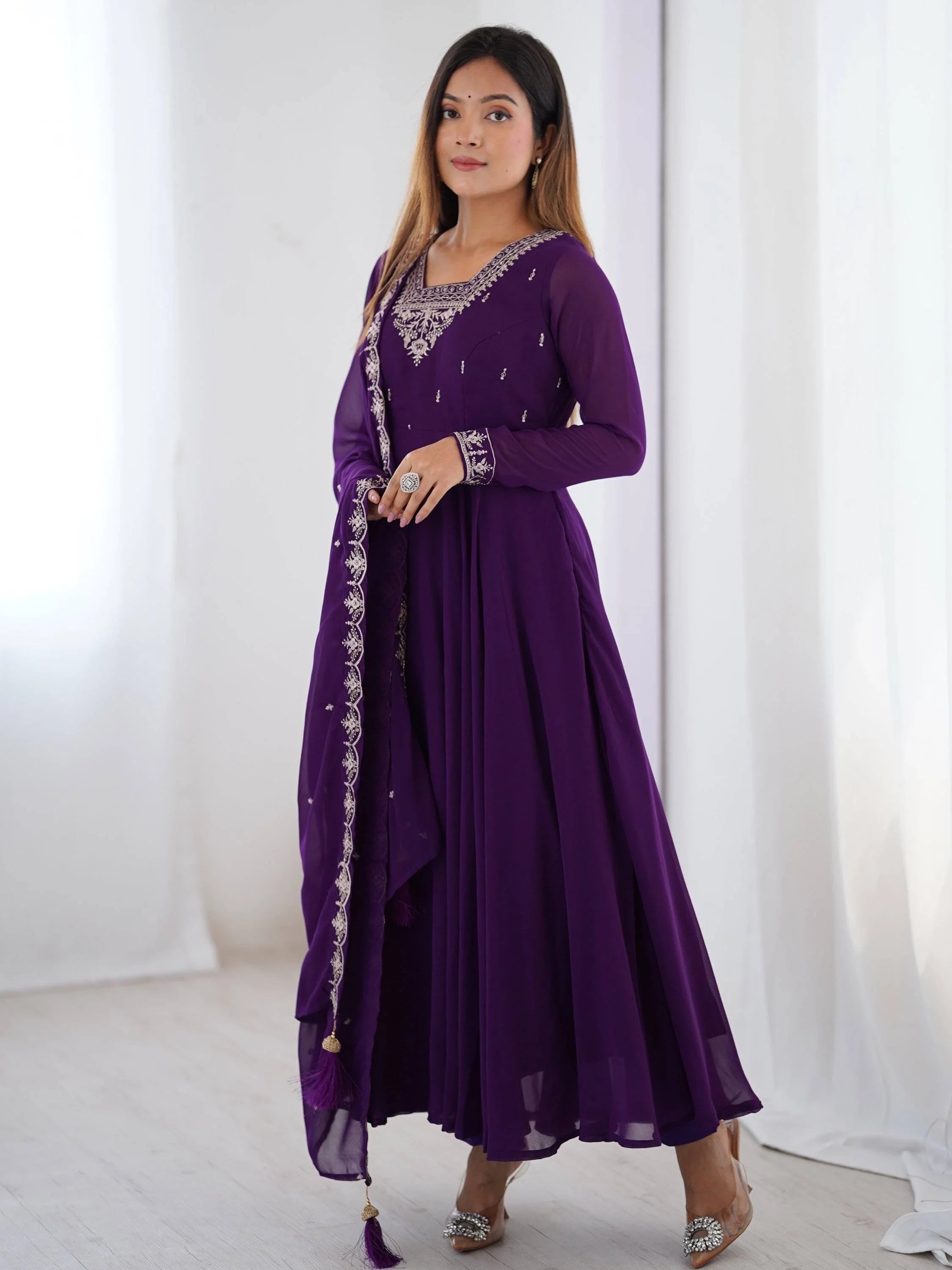 Purple embroidered anarkali suit with dupatta, Indian ethnic wear for women