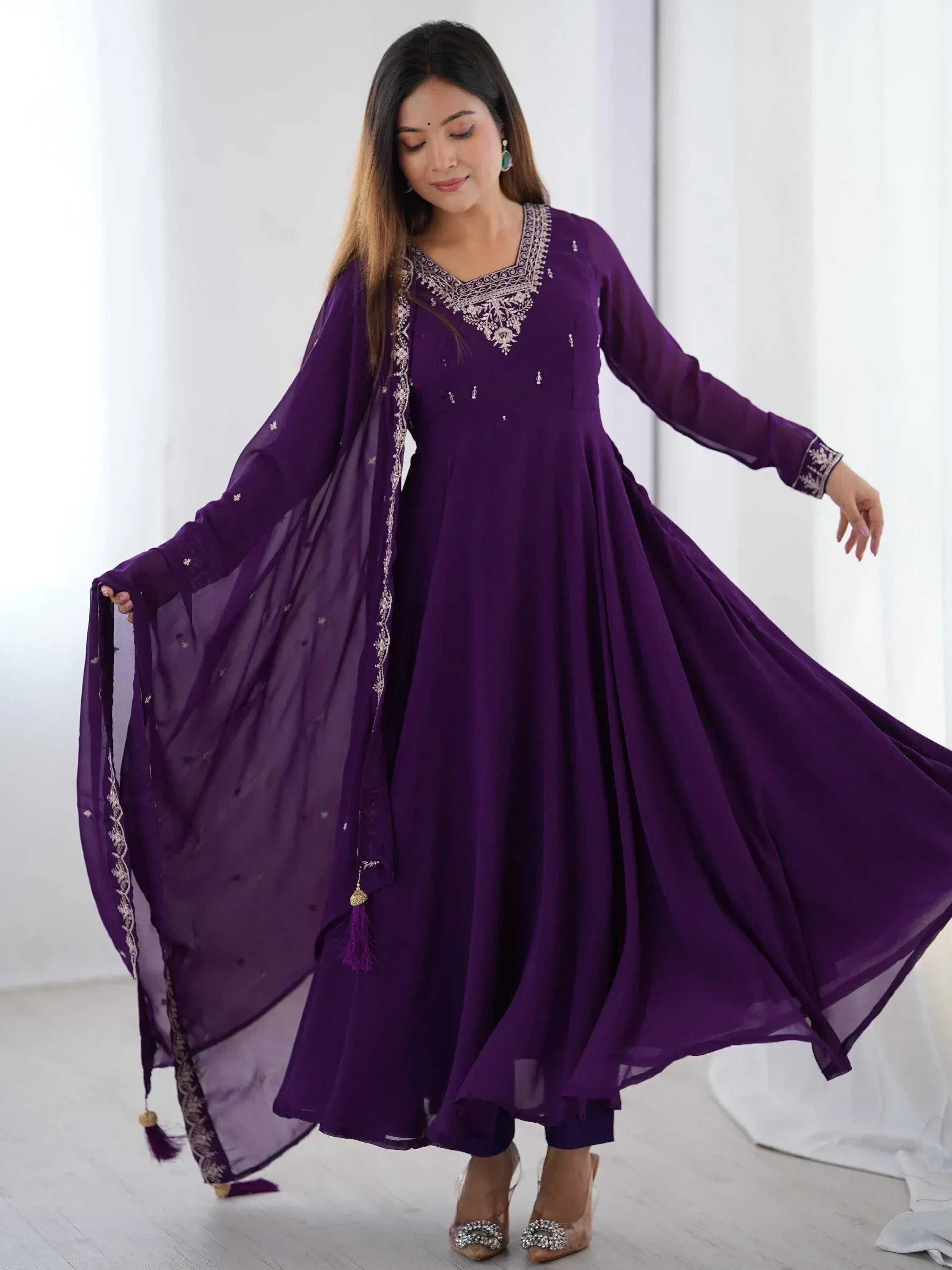 Purple ethnic anarkali gown with embroidery and dupatta, perfect for Indian occasions