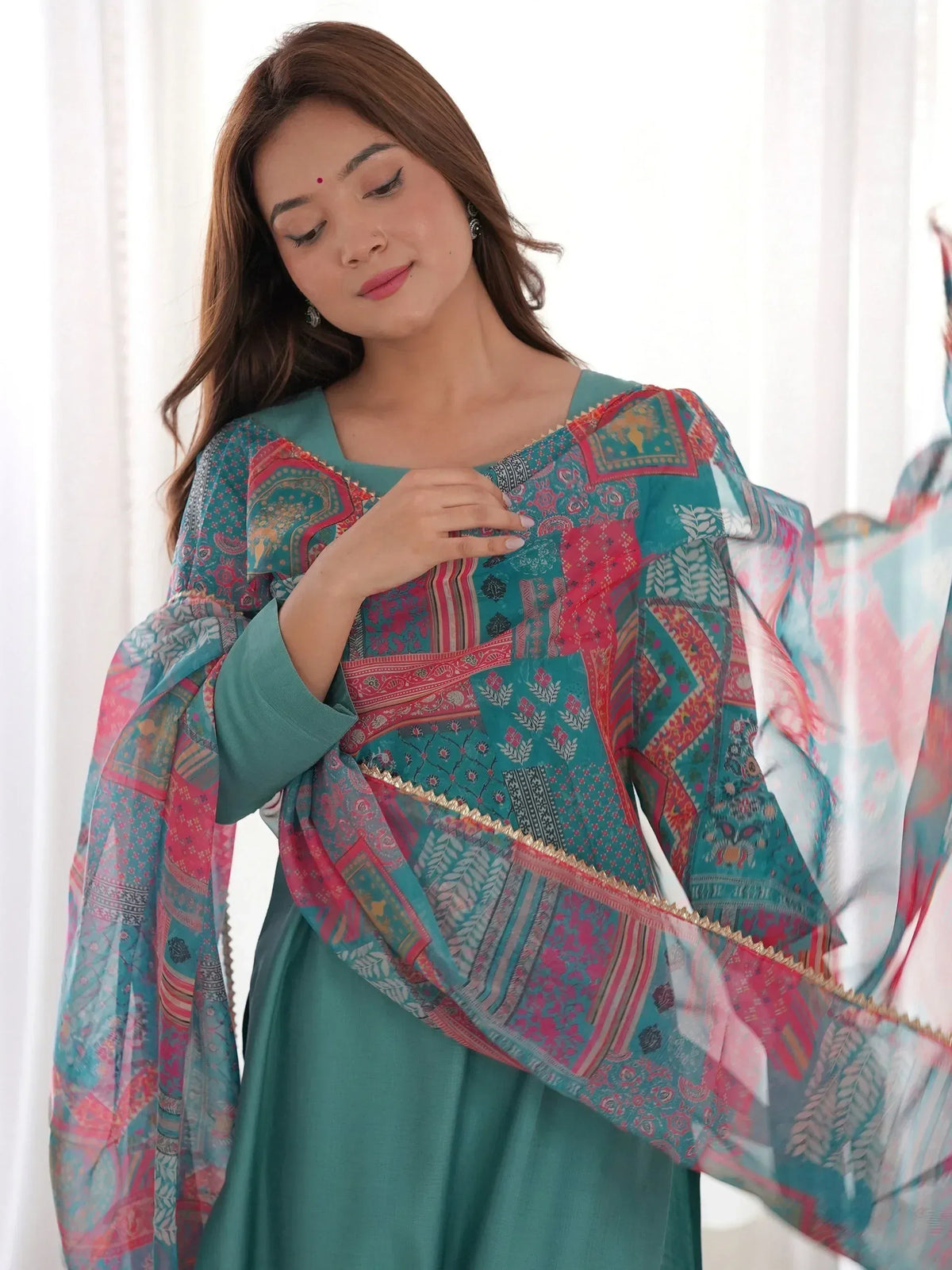 Teal ethnic kurta with vibrant patchwork dupatta, Indian designer wear for women