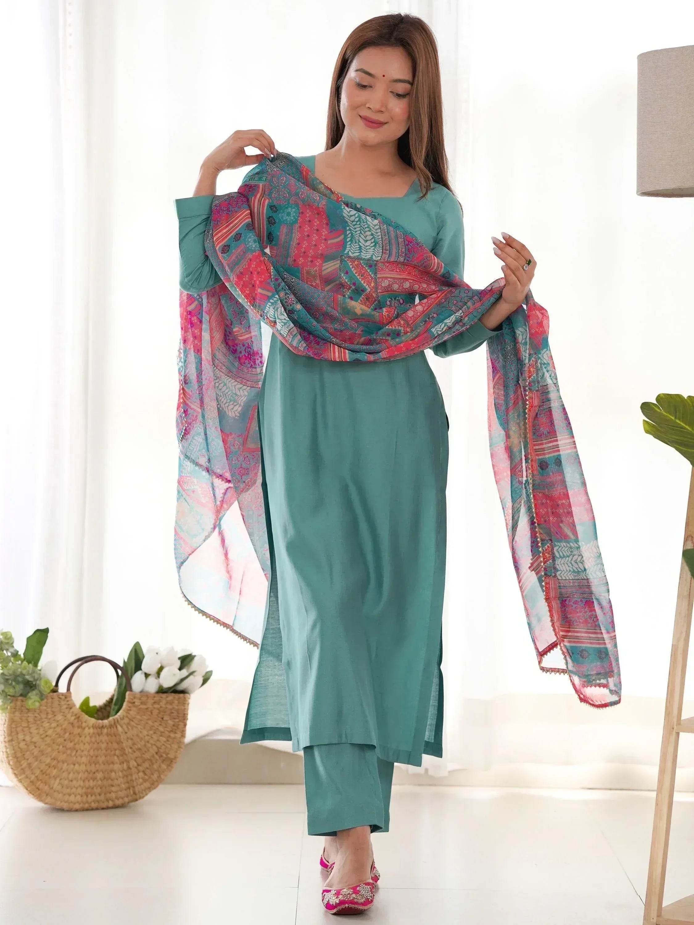 Teal Indian salwar kameez with colorful printed dupatta, stylish ethnic wear for women